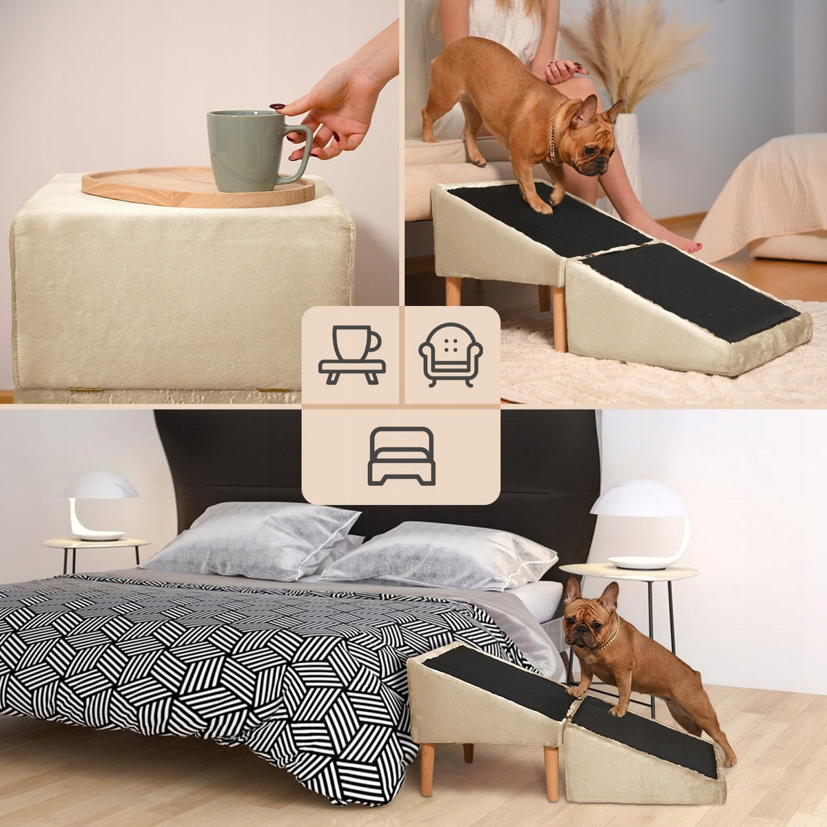 Beige stairs for dog, cat 2in1 - folding ramp, pouf, platform Packaging status original