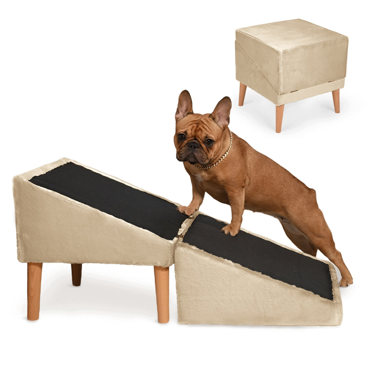 Beige stairs for dog, cat 2in1 - folding ramp, pouf, platform