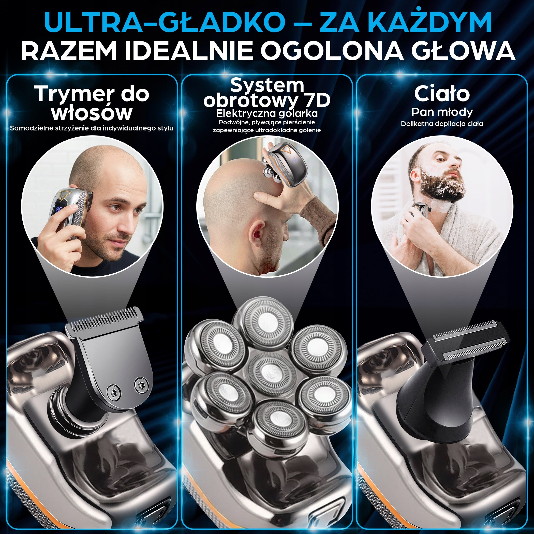 Bezprzewodowa Maszynka Do Golenia Głowy 7D - IDEALNA NA PREZENT - LED USB Packaging status original