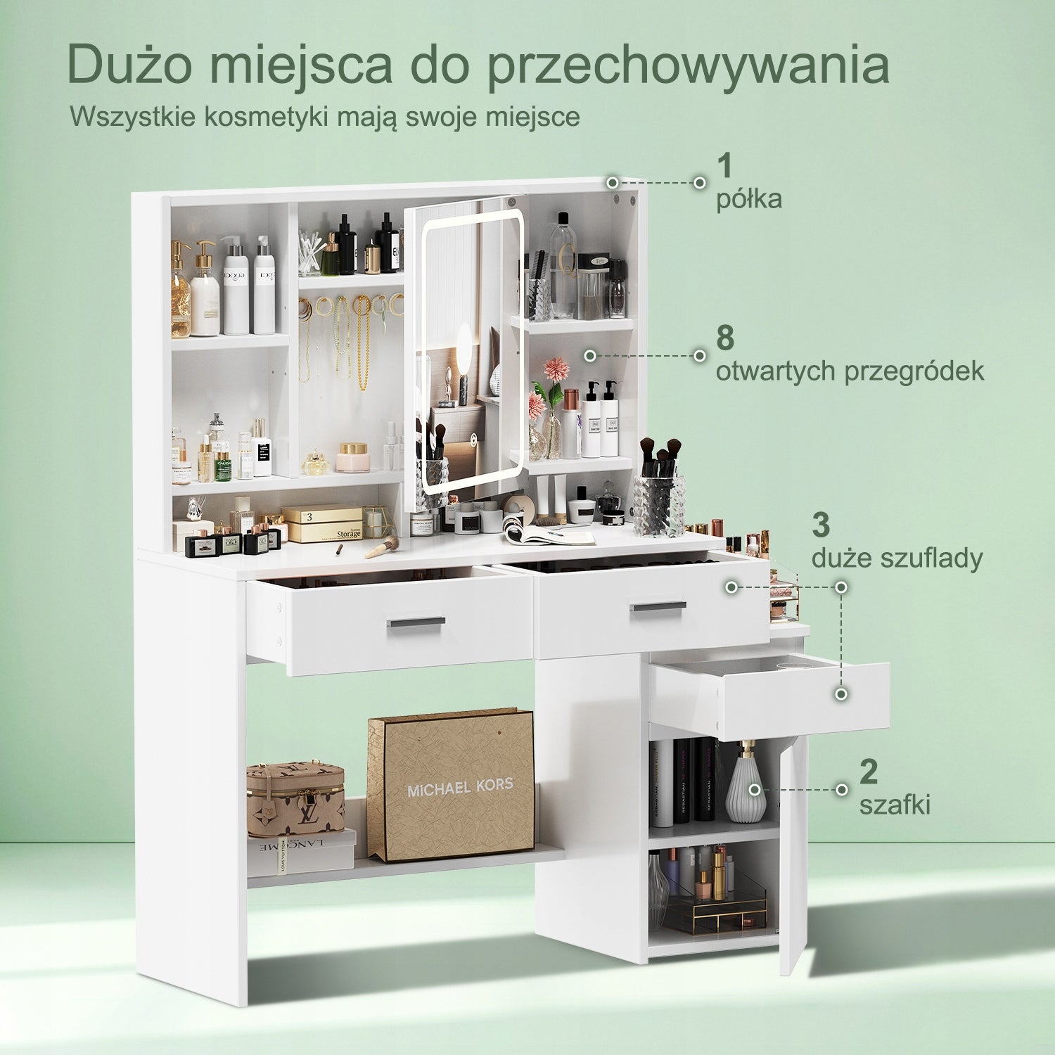 Biała toaletka z 6 półkami i 4 szufladami, lustro z ekranem dotykowym Furniture color white