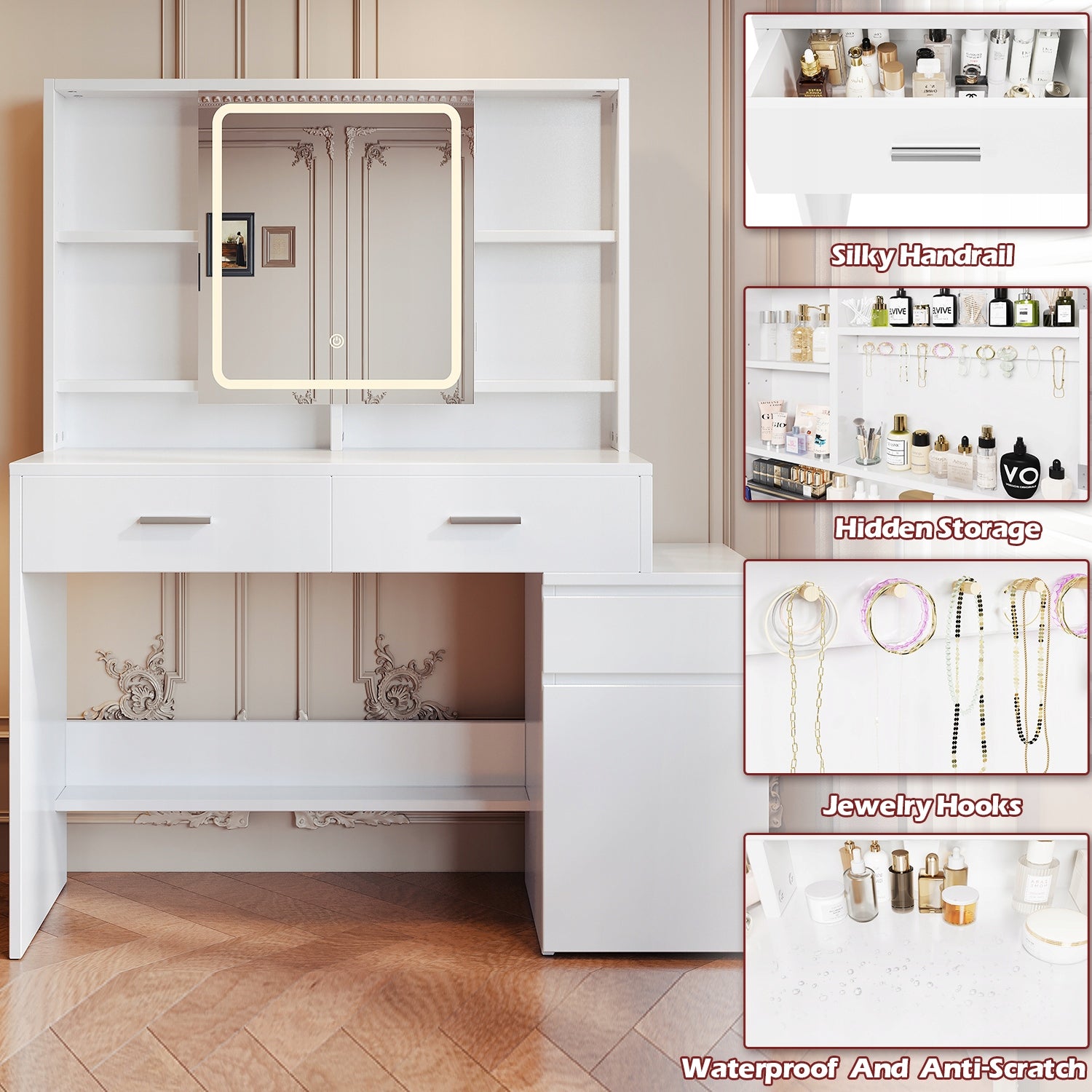 Biała toaletka z 6 półkami i 4 szufladami, lustro z ekranem dotykowym Furniture depth 136 cm
