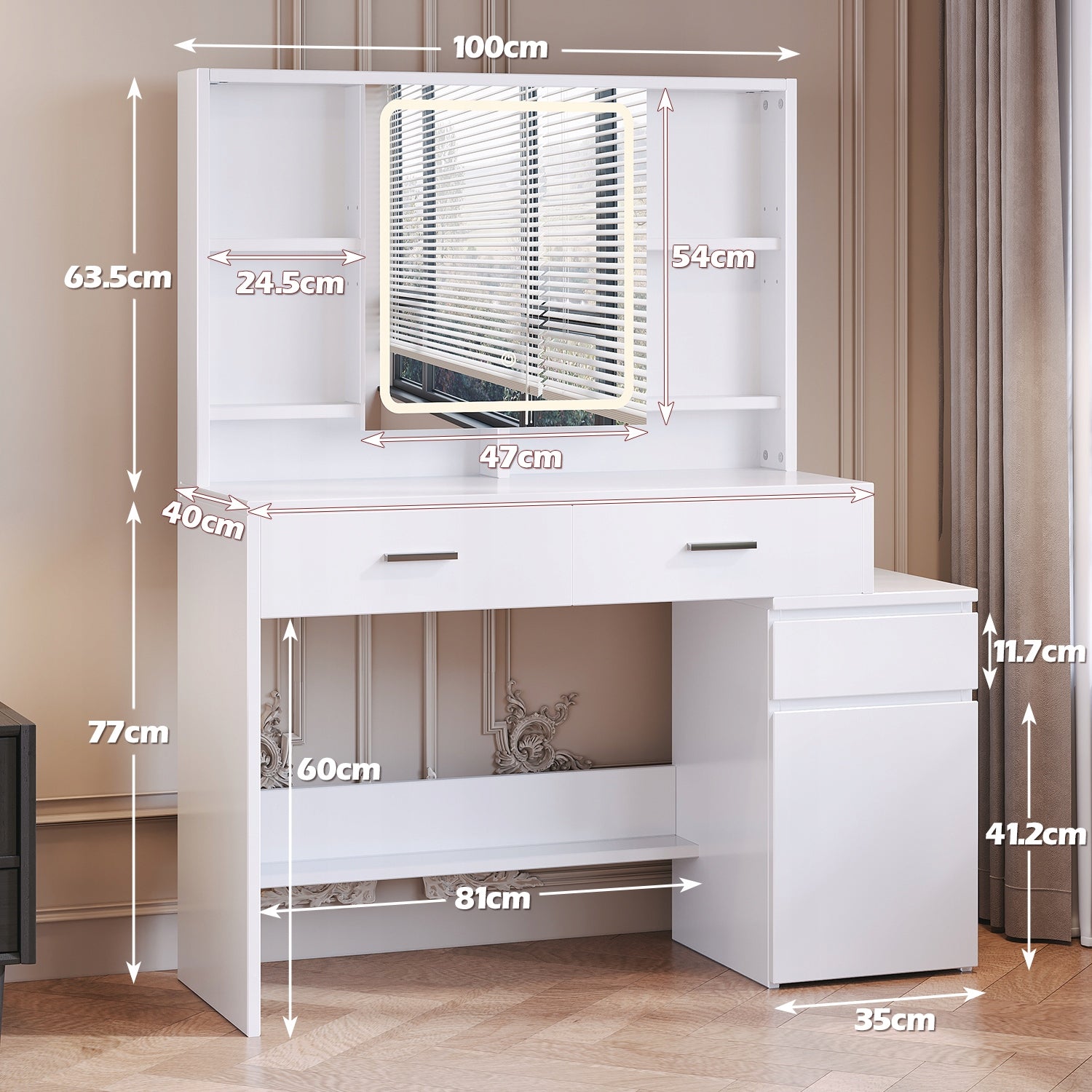 Biała toaletka z 6 półkami i 4 szufladami, lustro z ekranem dotykowym Furniture height 140 cm