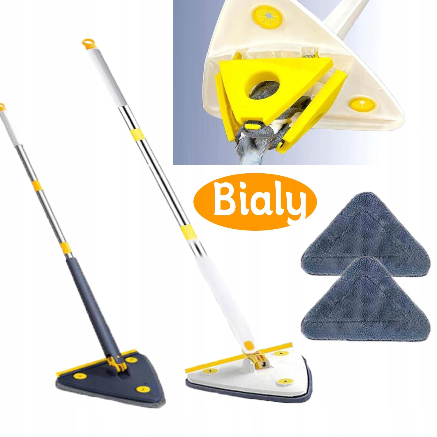 Bialy mop obrotowy trojkany z wyciskaczem plaski obrotowy do mycia podlog
