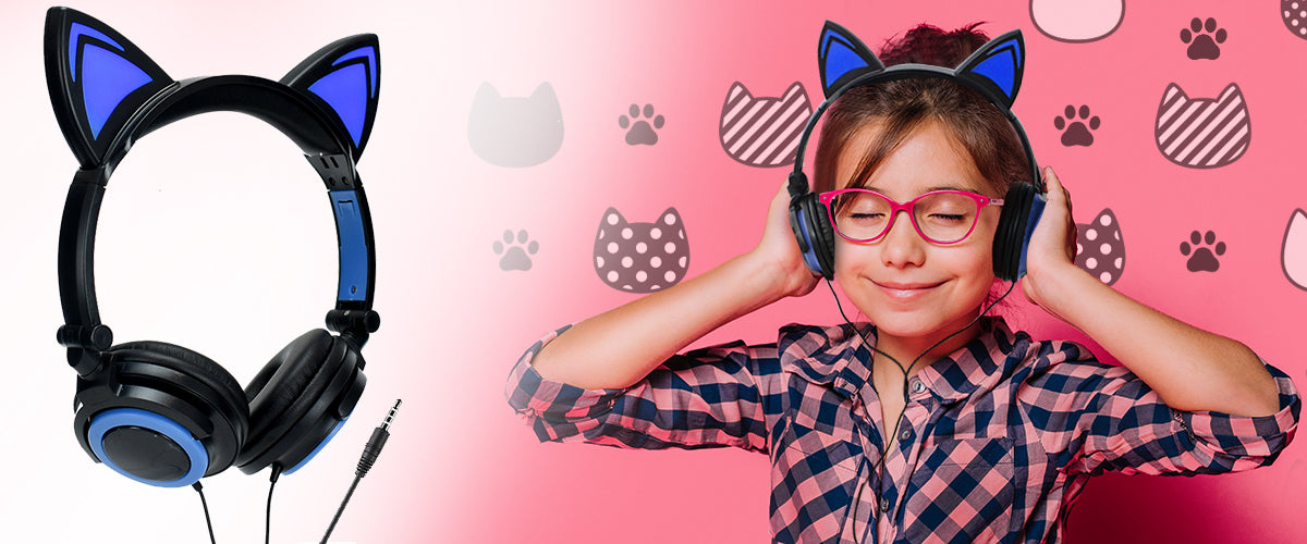 Black Baby HEADPHONES CAT EARS LED GLOWING Wired AUX 3.5mm Brand Webski