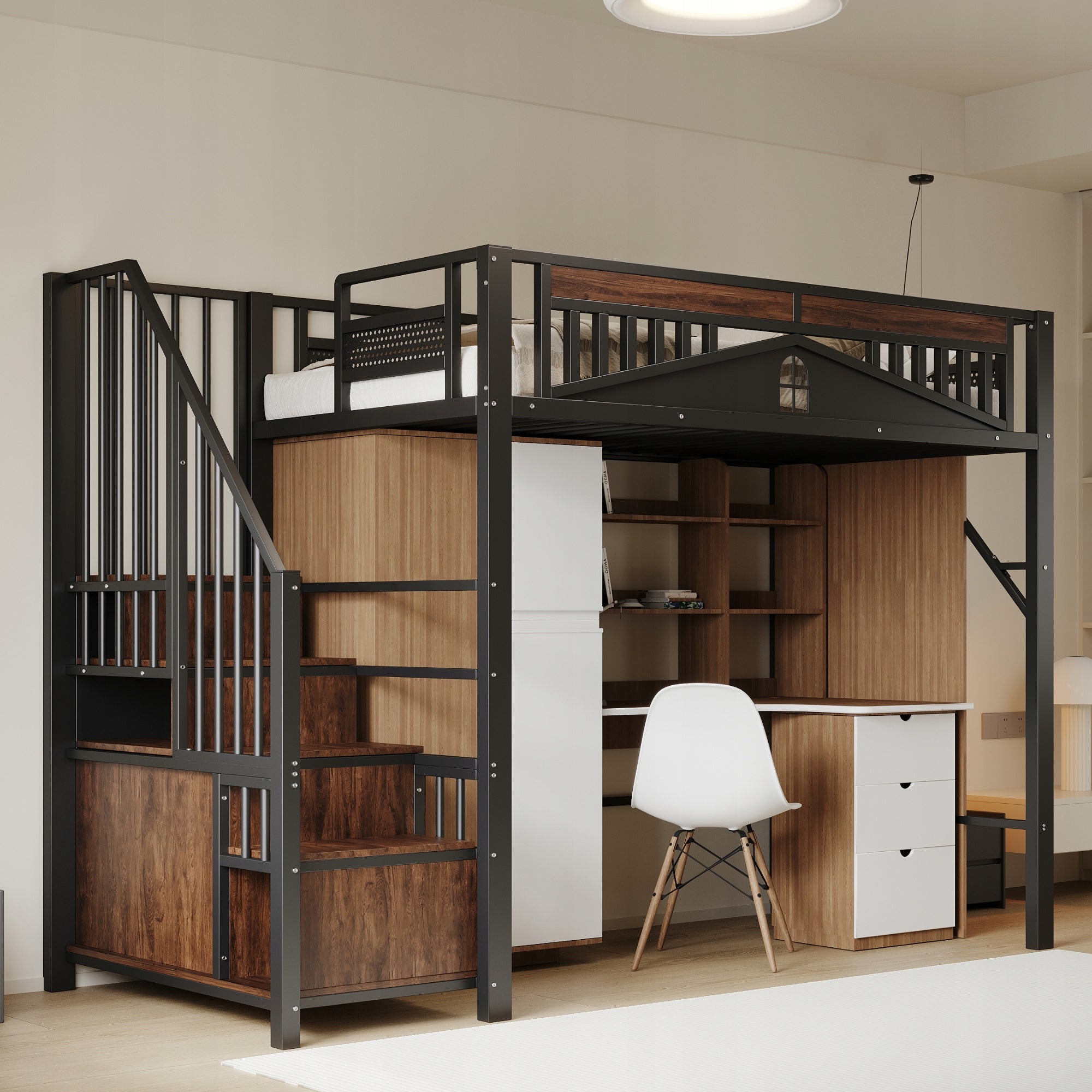 Black Metal Loft Bed 90 x 200 cm with Security Guardrail and Ladder Brand no brand