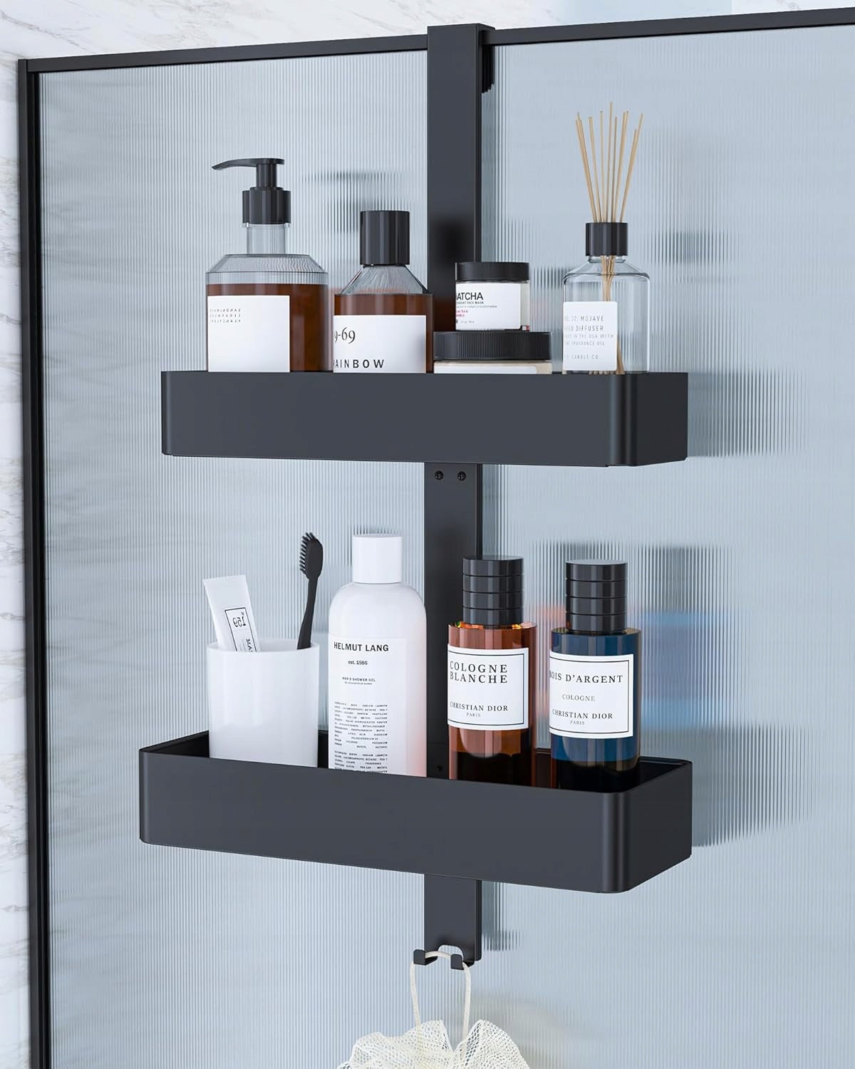 Black Shower Shelf with Hooks, Shower Organizer, for Window