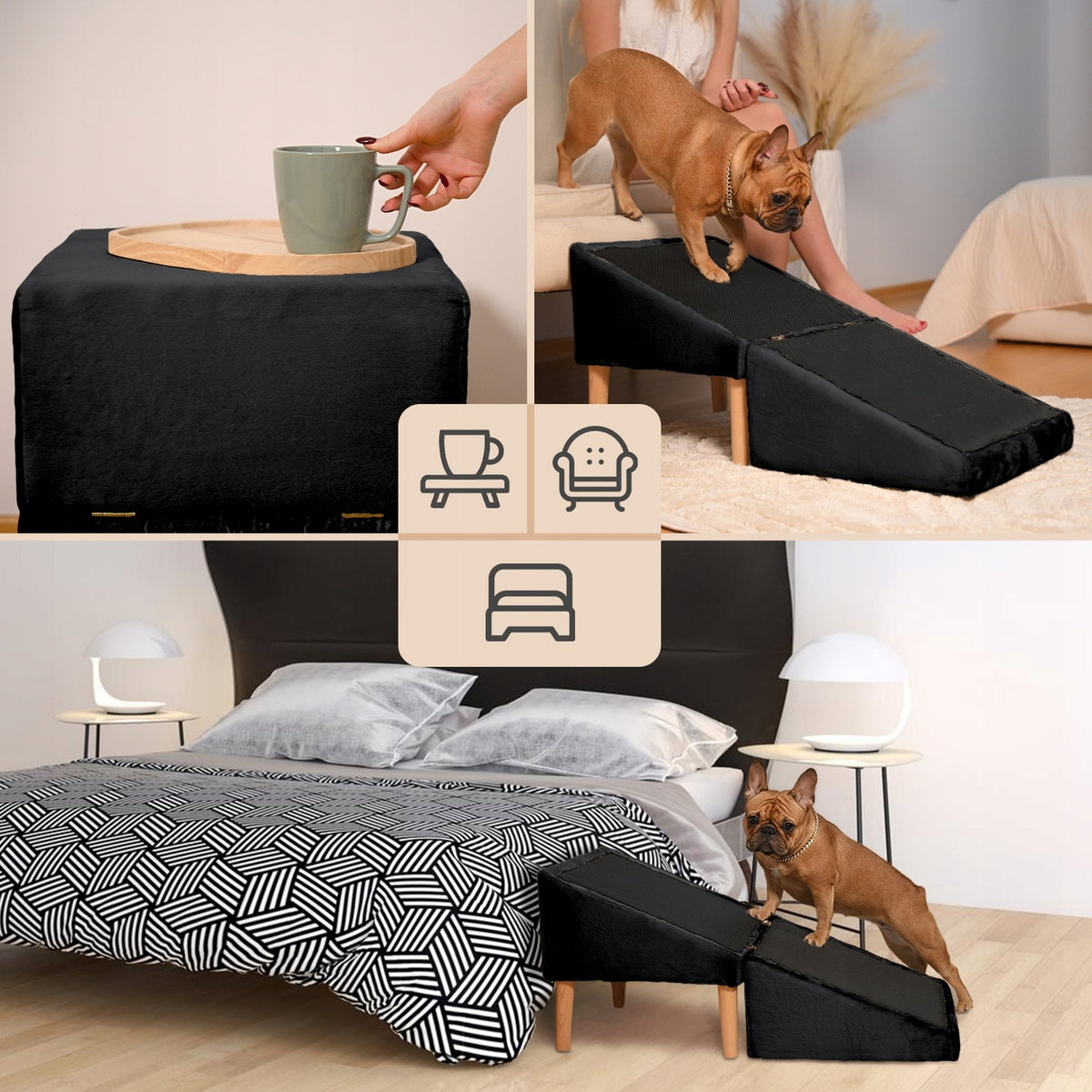 Black stairs for dog, cat 2in1 - folding ramp, pouf, platform Packaging status original