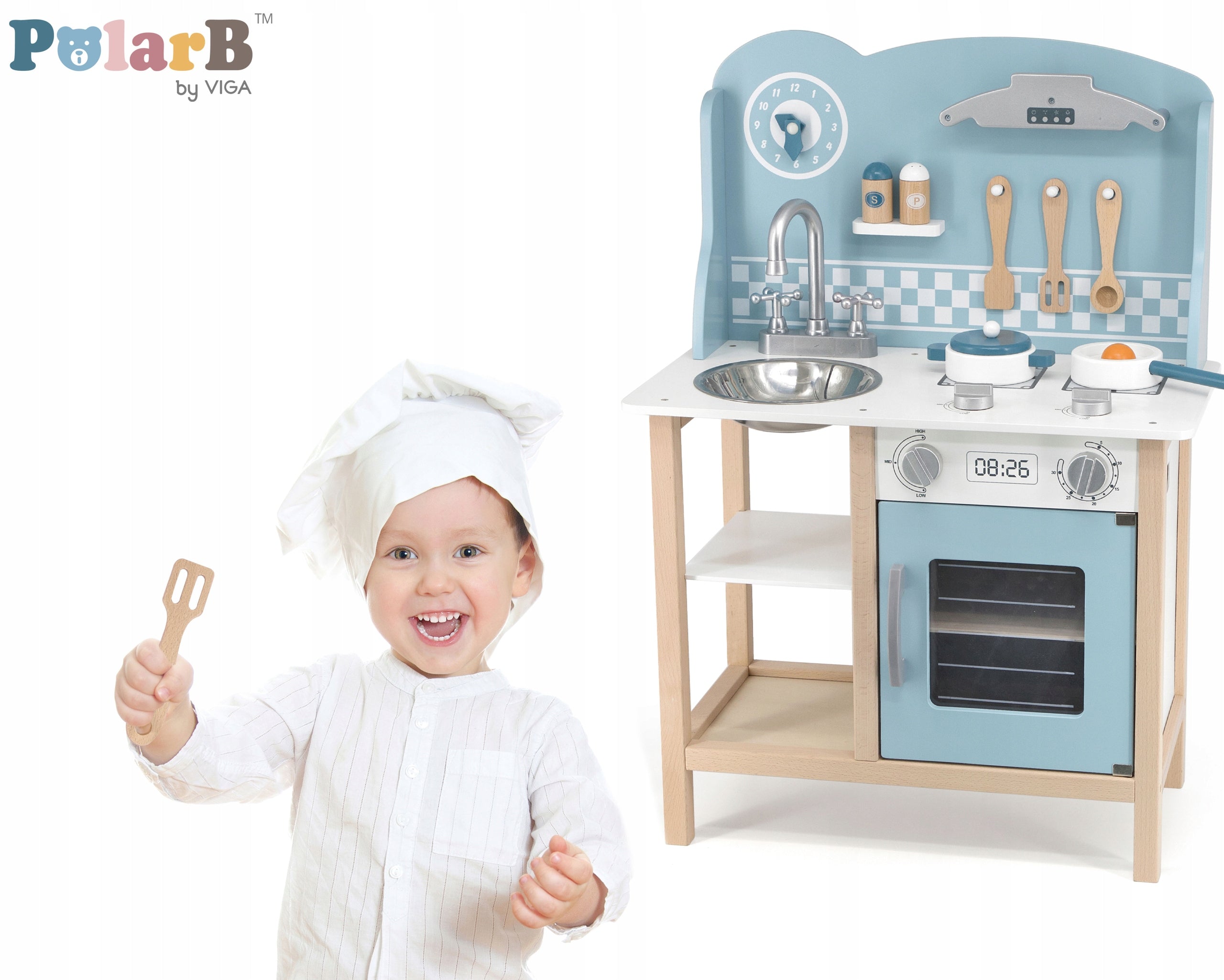 Blue Children's wooden kitchen with accessories Viga cooker