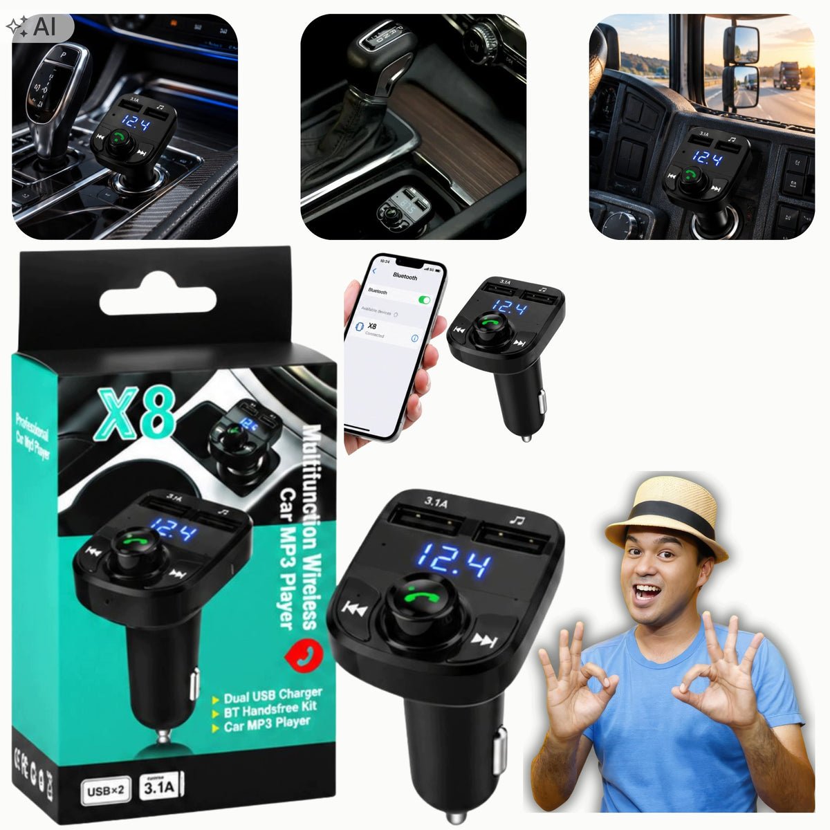 Bluetooth Car FM MP3 Transmitter Handsfree 2xusb LED NEXA