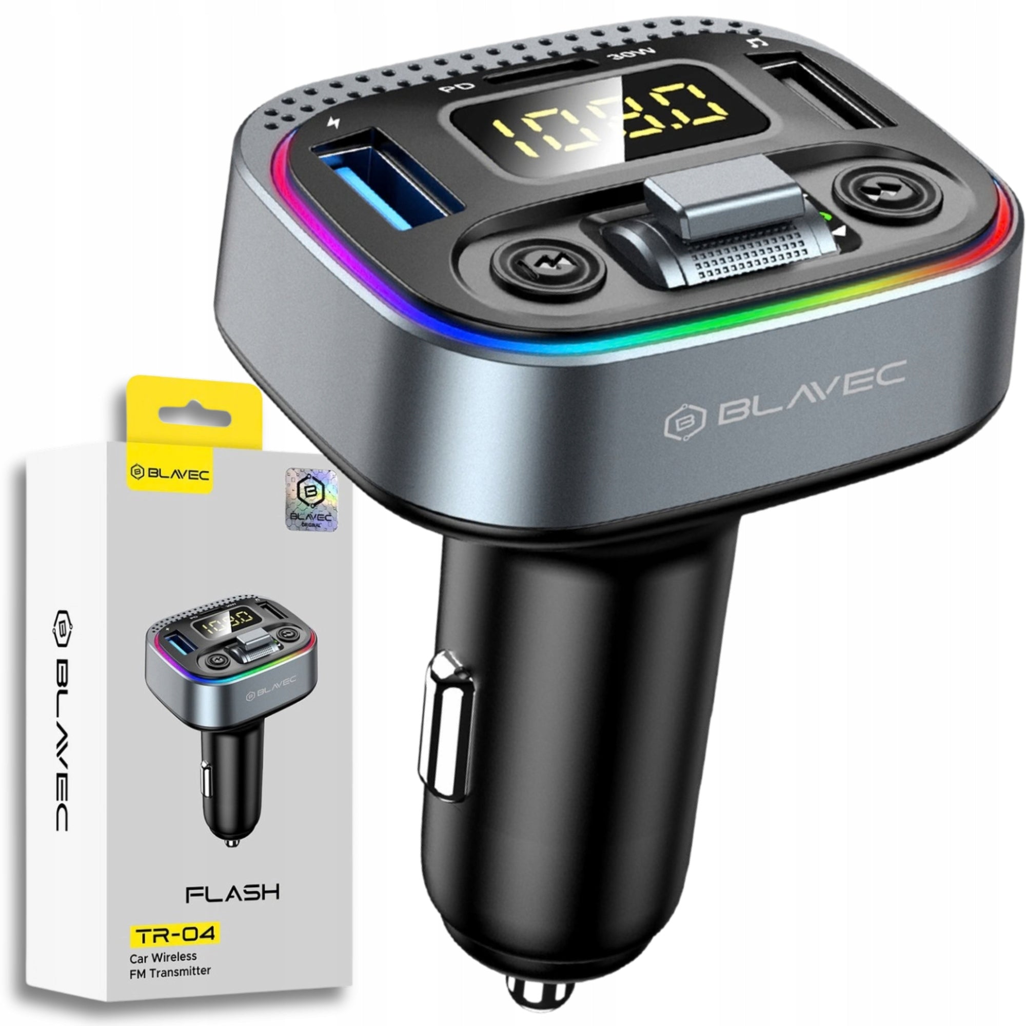 Bluetooth FM Transmitter Car Charger USB-C PD 30W + 2xUSB-A QC3.0