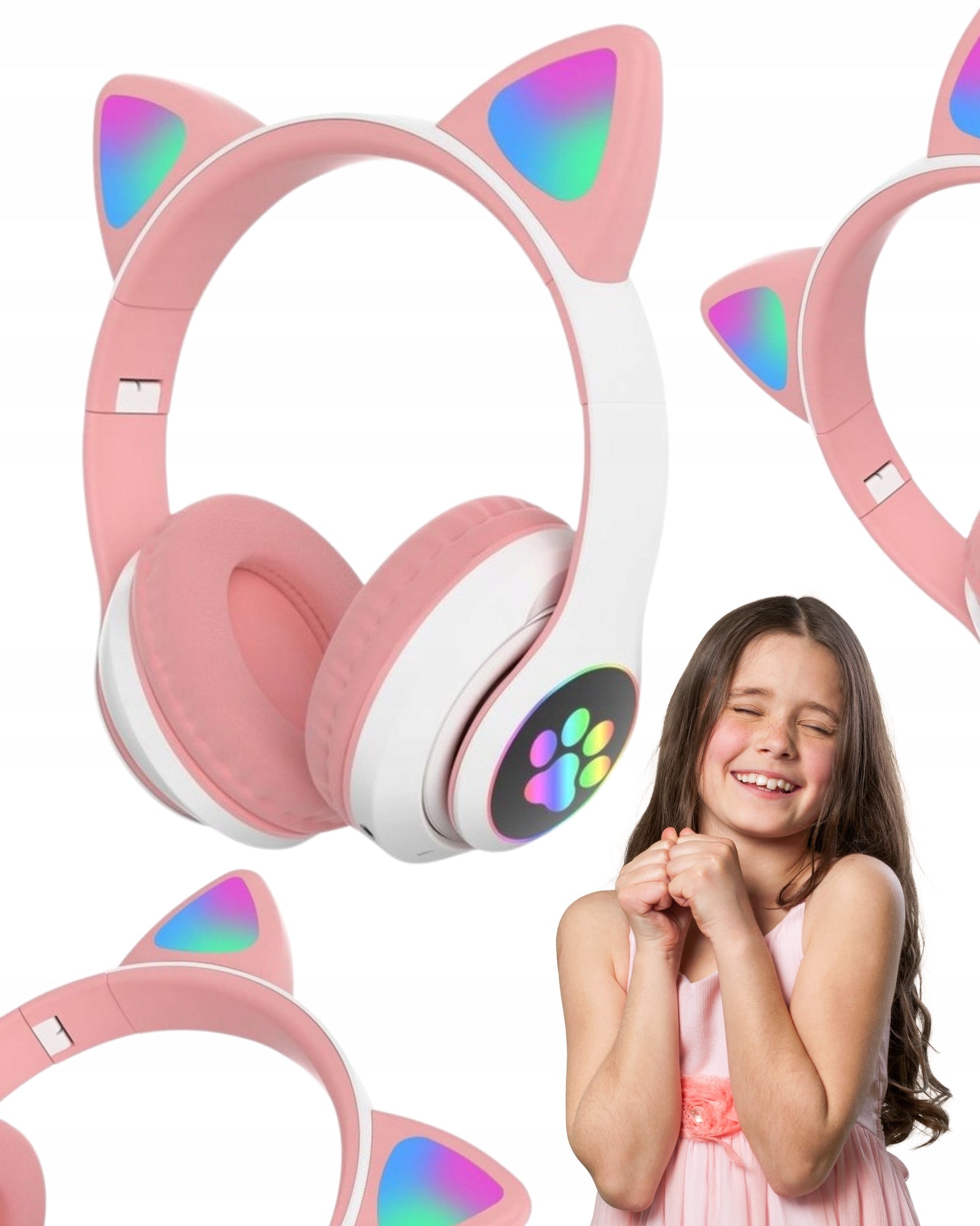 Bluetooth Headphones Cat Ears LED On-Ear for Baby Girls Gift Packaging status original