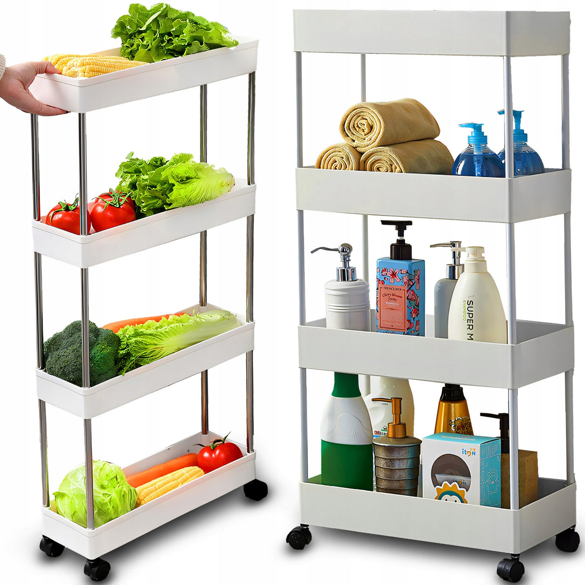Bookcase Bathroom Shelf Kitchen Cabinet on Wheels with Hooks 4 Level Manufacturer code 1StC_2025