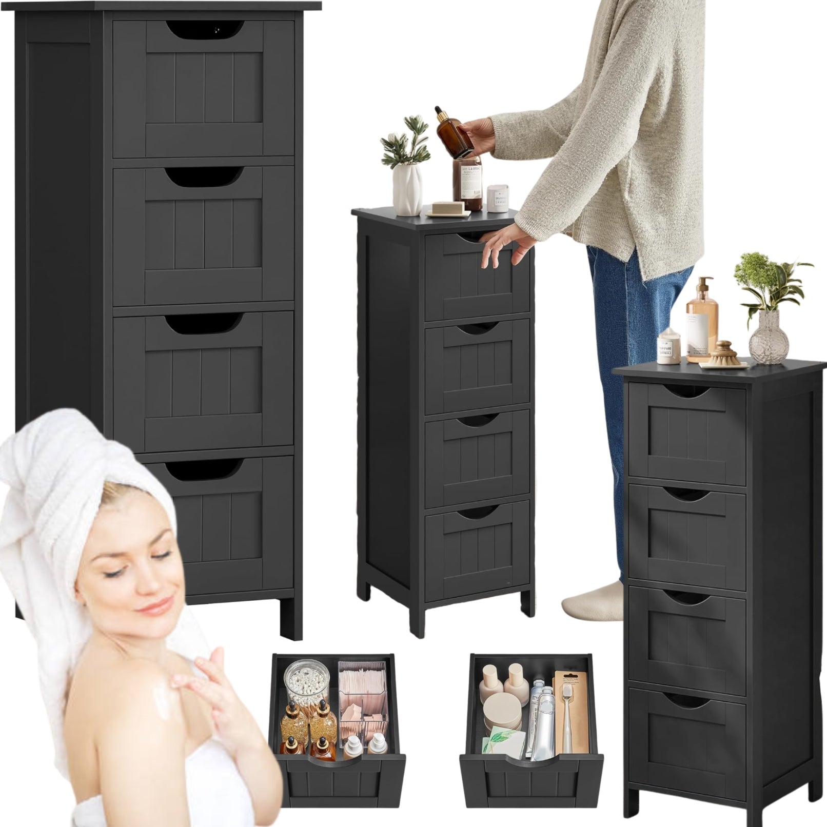 Bookcase Cabinet Shelf NARROW BLACK with Drawers for Living Room Bathroom Hallway