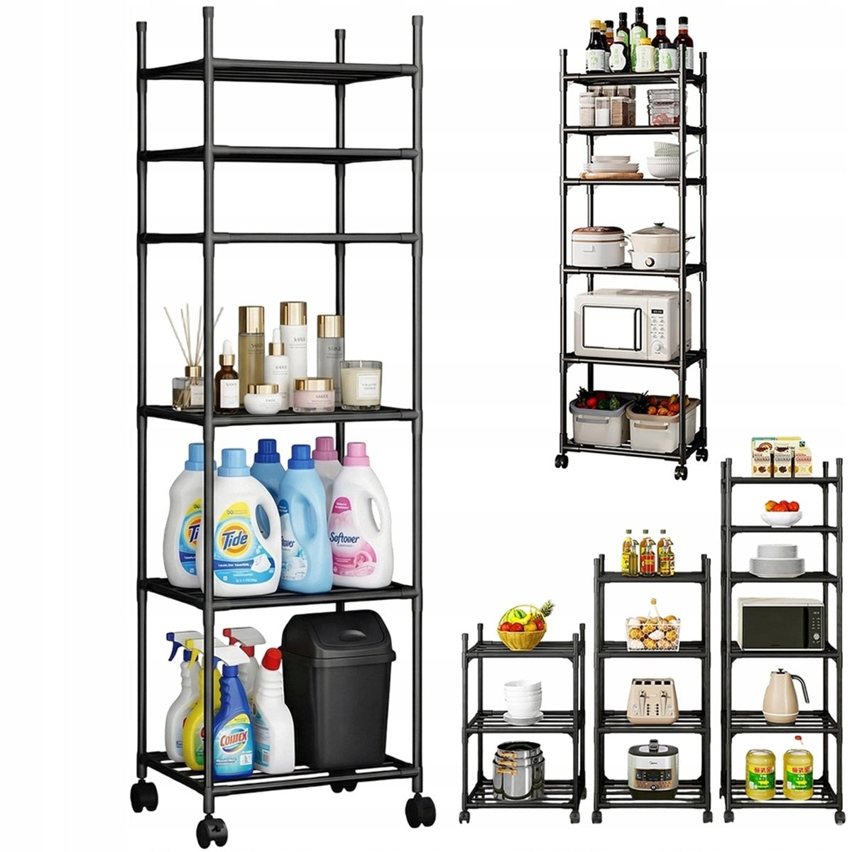 Bookcase On Wheels 6-Level Black Reinforced For Kitchen And Pantry Manufacturer Bedee