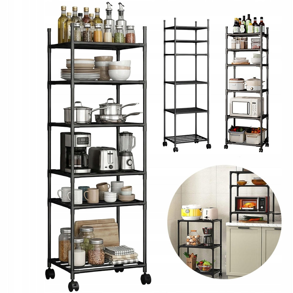 Bookcase On Wheels 6-Level Black Reinforced For Kitchen And Pantry