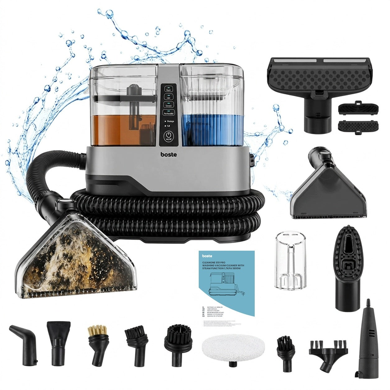 Boste Steam Washing Vacuum Cleaner 17 kPa 1800W For Car Carpet Upholstery