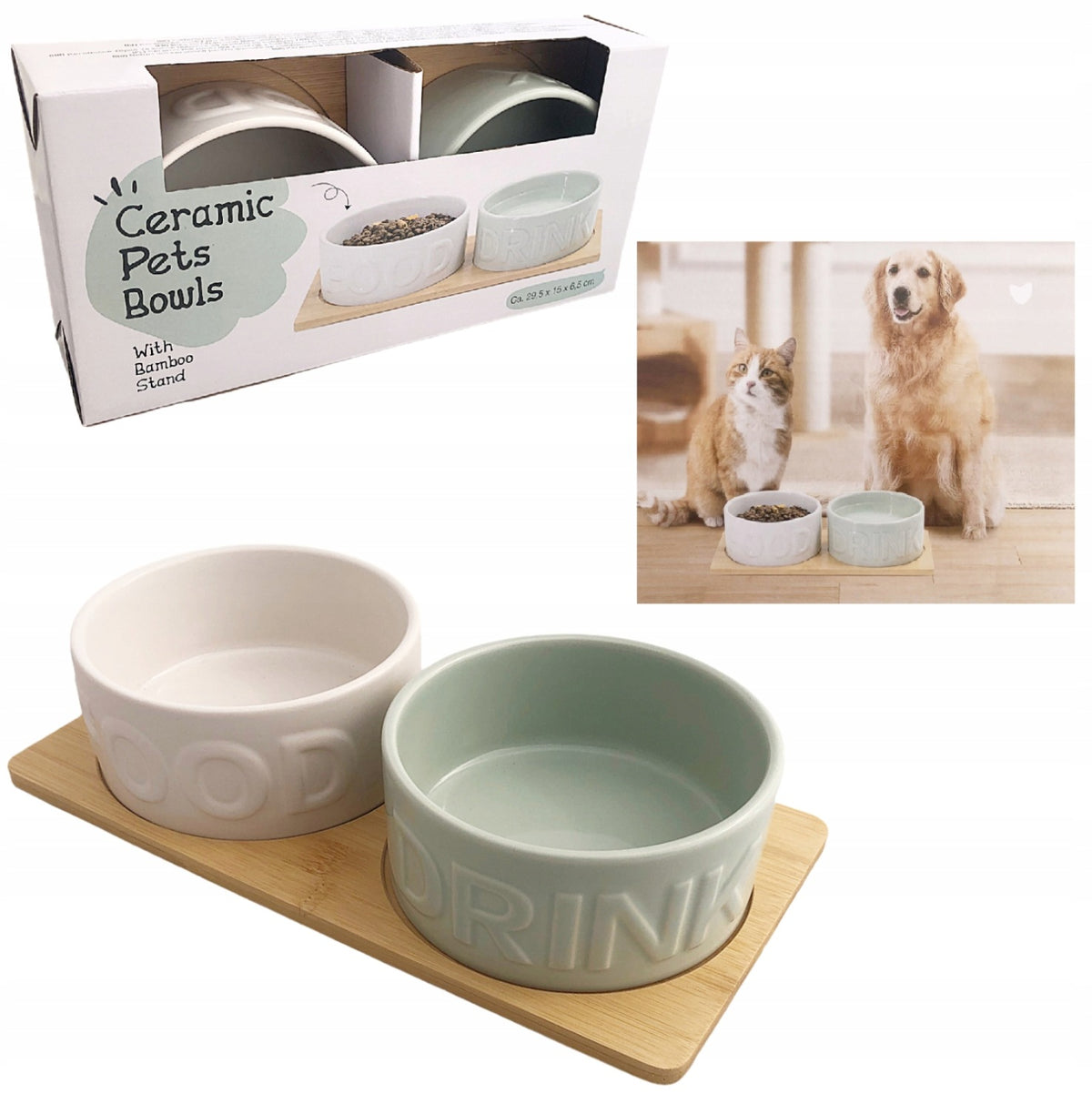 Bowl Ceramic Food Bowl Dog Cat Food on Bamboo Stand