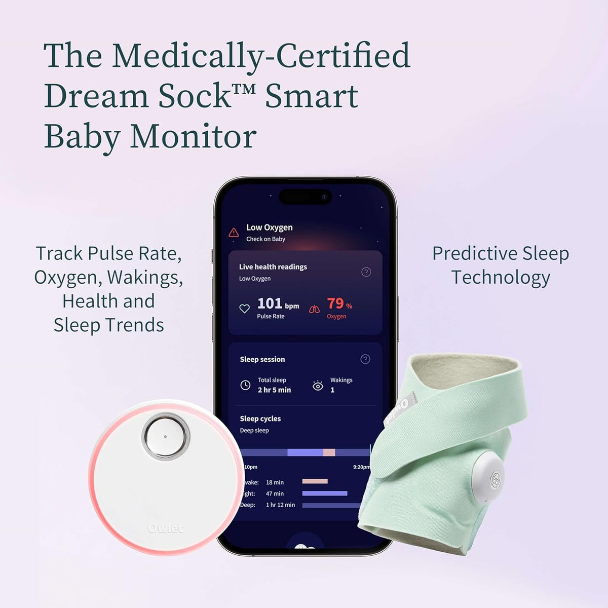 Breath monitor Owlet green with sensor and sleep prediction function Medical device no