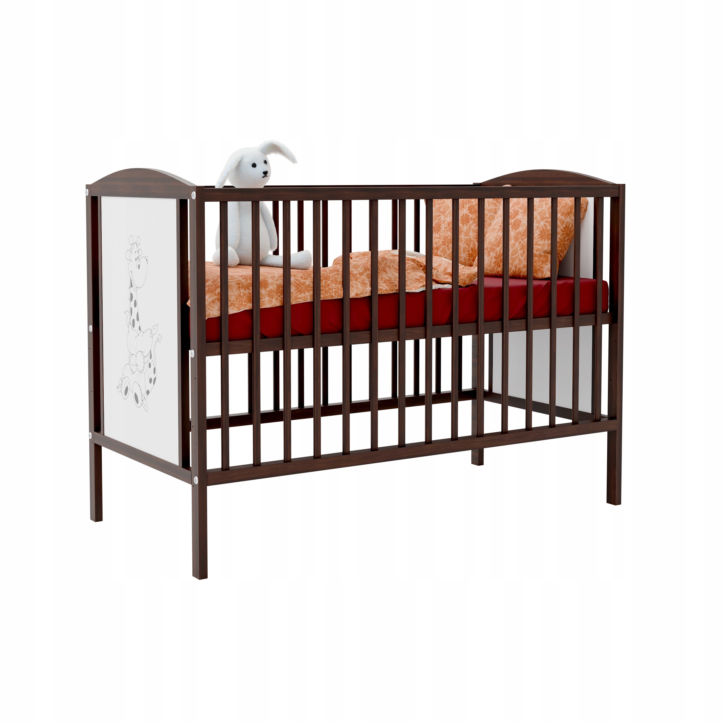 Brown cot FAIRY TALE WALNUT GIRAFFE b/sz walnut with couch barrier Packaging status original