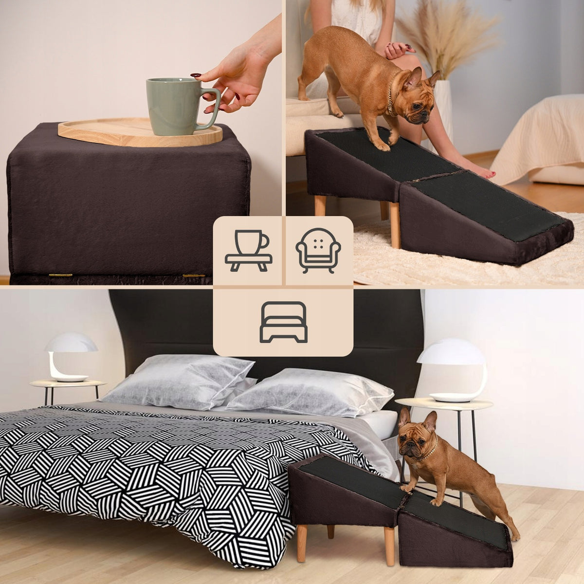 Brown stairs for dog, cat 2in1 - folding ramp, pouf, platform Packaging status original