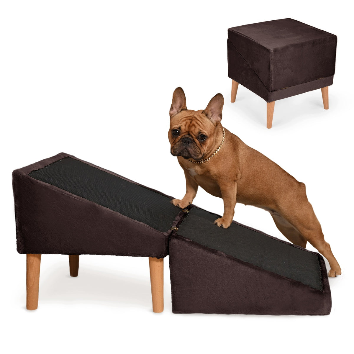 Brown stairs for dog, cat 2in1 - folding ramp, pouf, platform