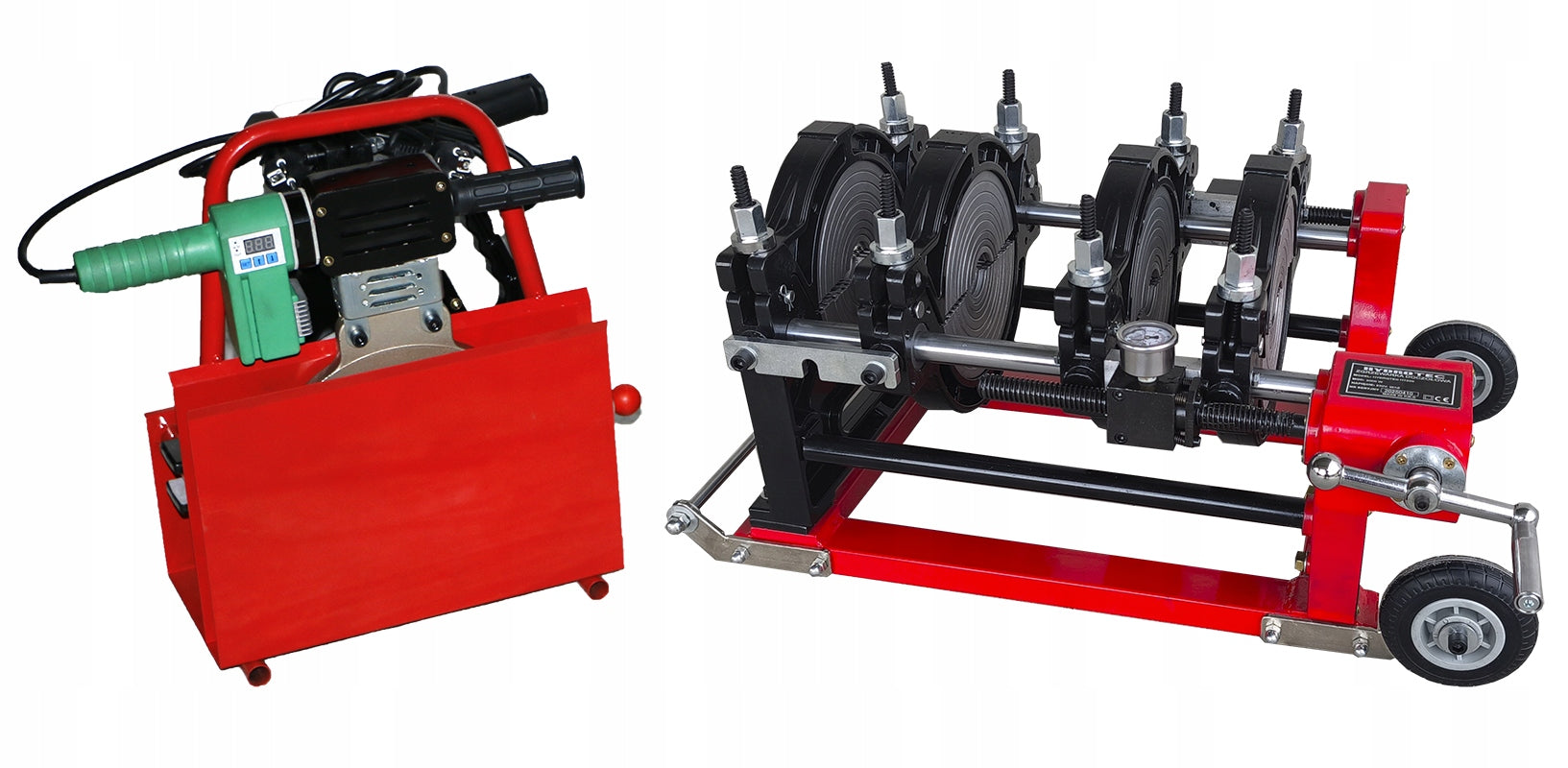 Butt welding machine for PE,HDPE 50-200mm pipes with pressure gauge and castors