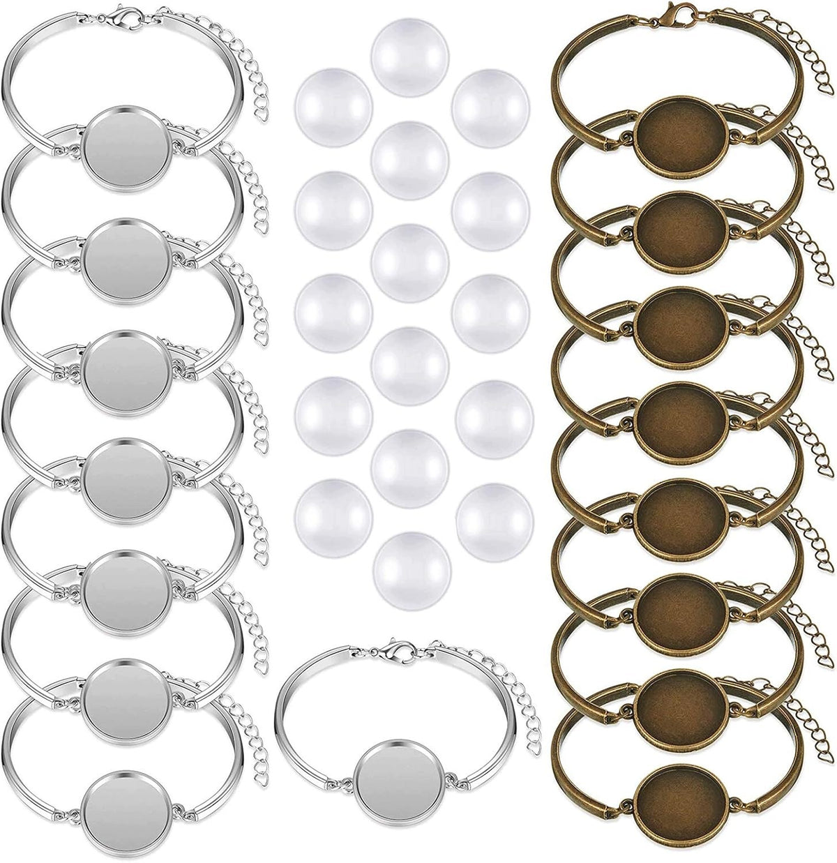CABOCHONS GLASS SET 16 PIECES ADJUSTABLE METAL BRACELET TRAYS