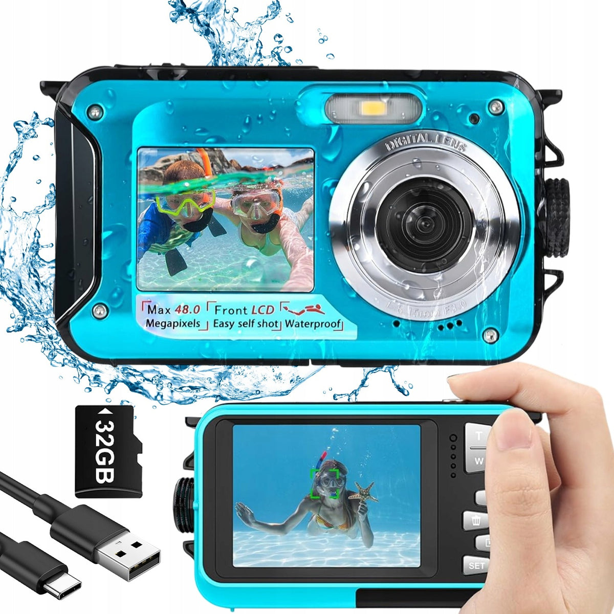CAMERA WATERPROOF UNDERWATER DIGITAL PHOTO 48MPX 16X ZOOM CARD 32GB