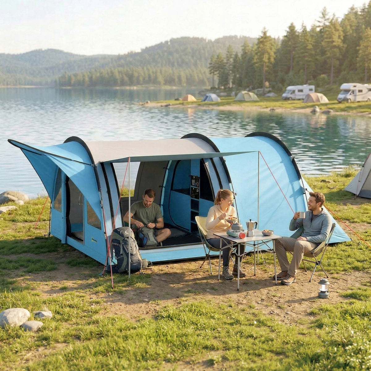 CAMPING TENT FOR 4 PEOPLE WITH DOORS AND WINDOWS 45.6×3.7×2M Packaging status original