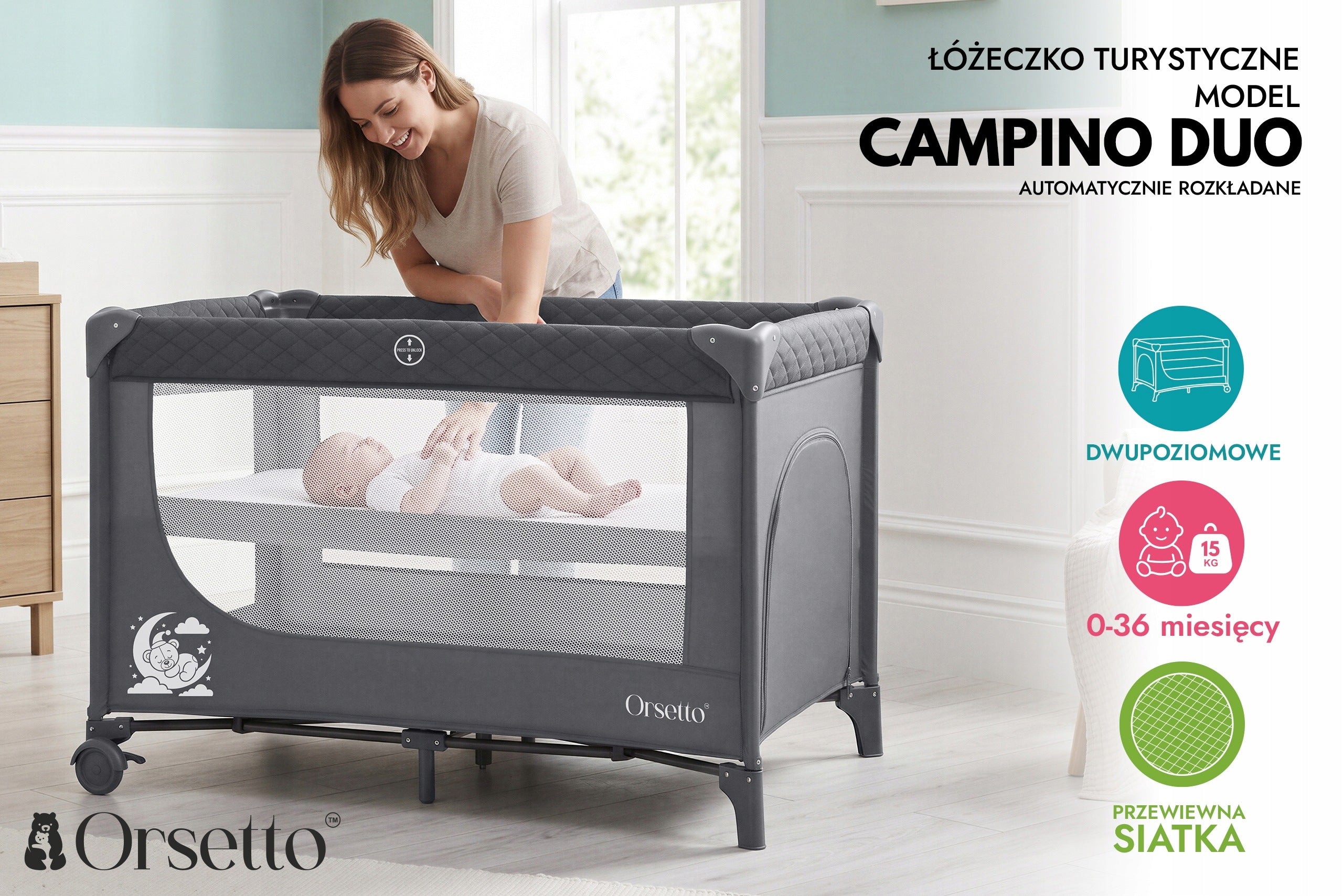 CAMPINGINO DUO II-LEVEL TRAVEL COT ORSETTO QUICK FOLD GREY Brand Orsetto