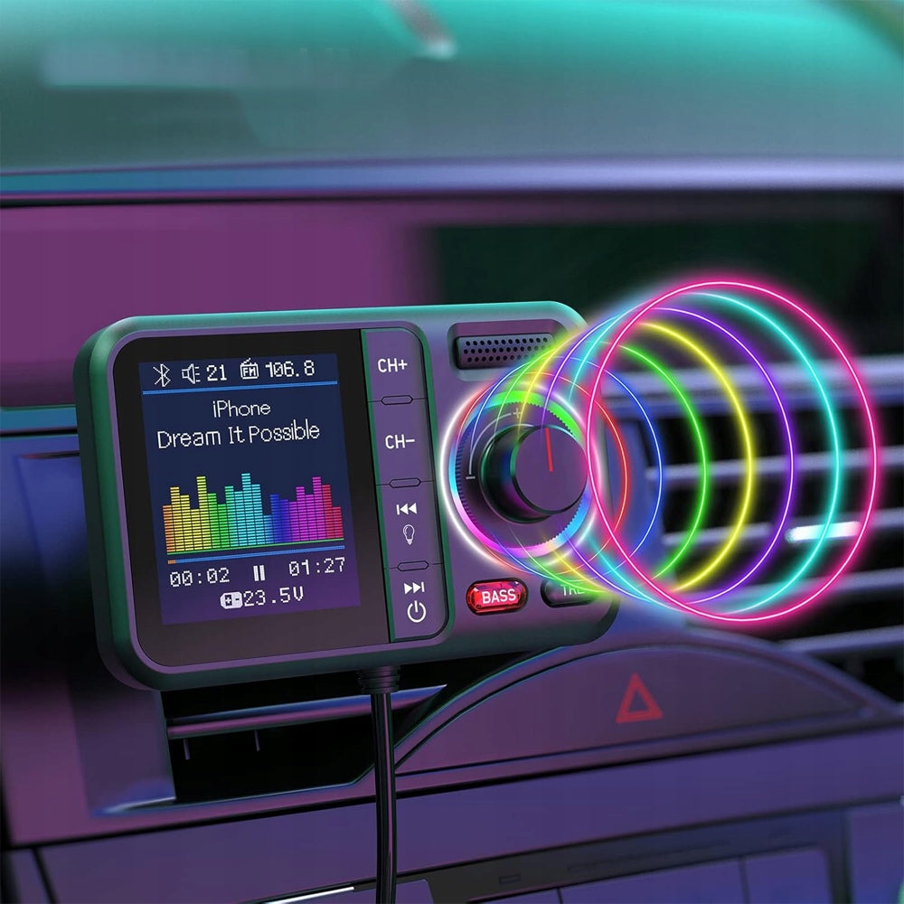 CAR BLUETOOTH ADAPTER WITH SCREEN – QC3.0, 2×USB, FM, AUX, TF, 8 RGB Packaging status original