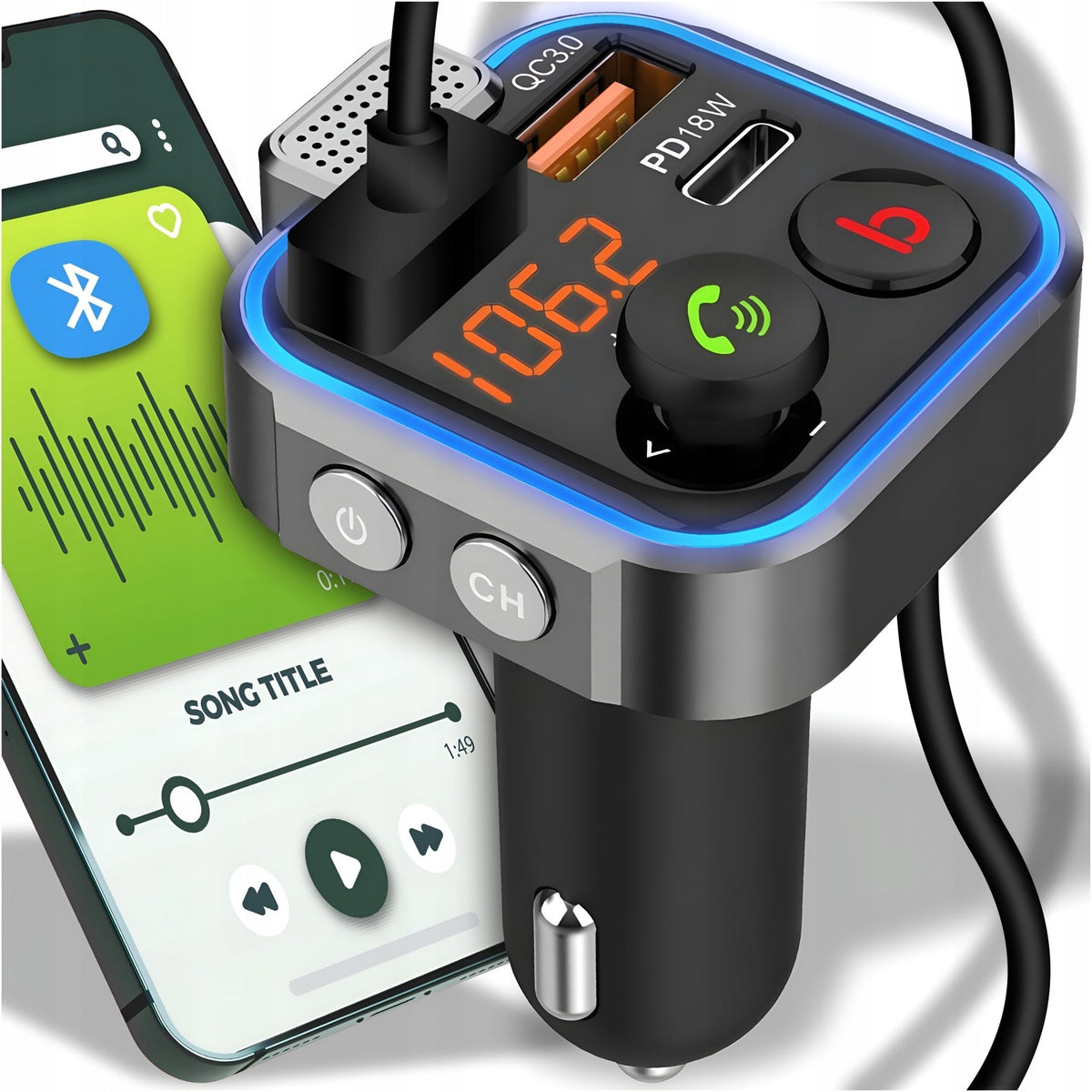 CAR BLUETOOTH TRANSMITTER FM 3.0A + 1.0A QC USB-C MP3 USB CHARGER