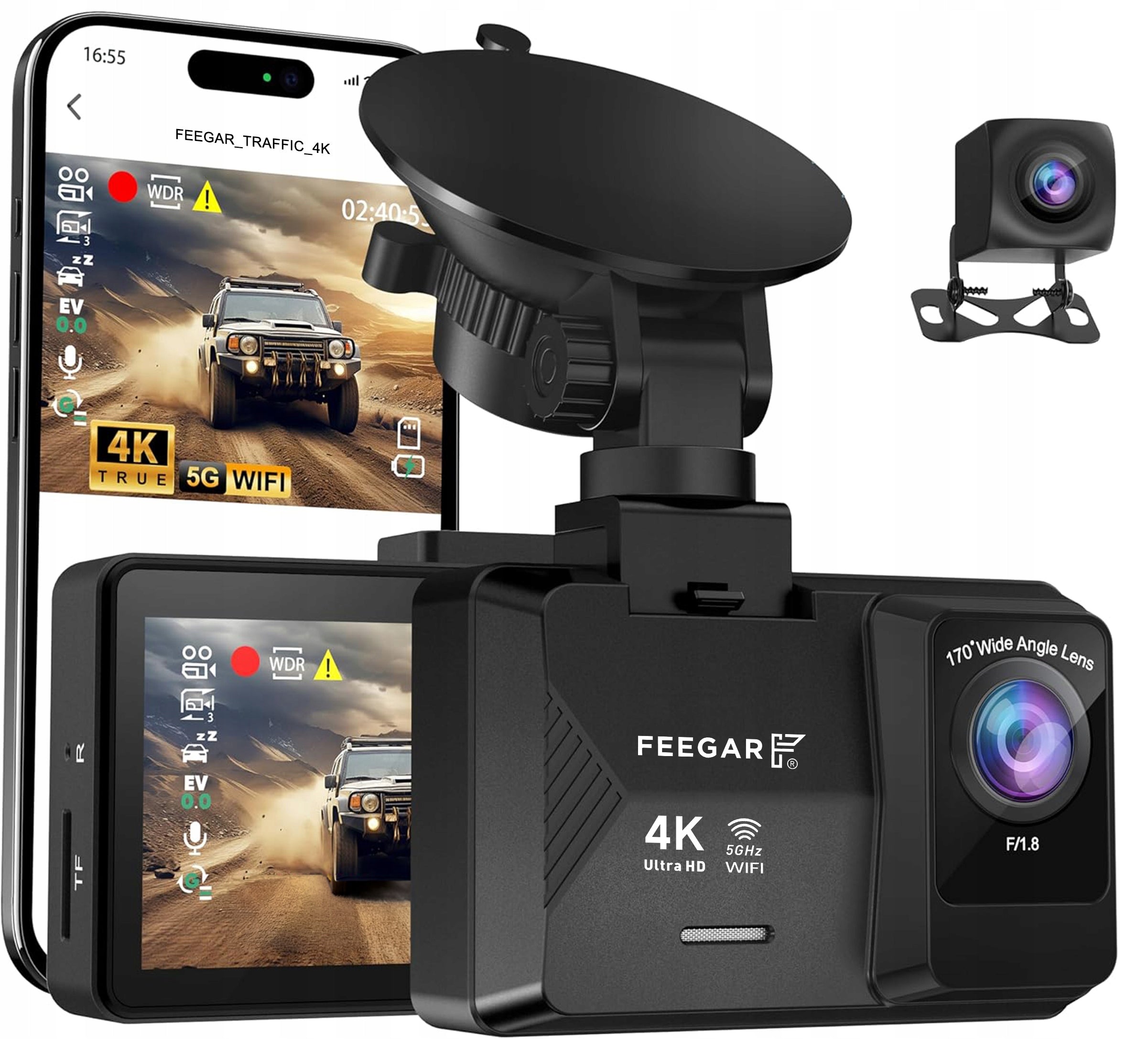 CAR CAMERA Feegar Traffic 4K UHD WiFi VIDEO RECORDER 5G 170° +REAR
