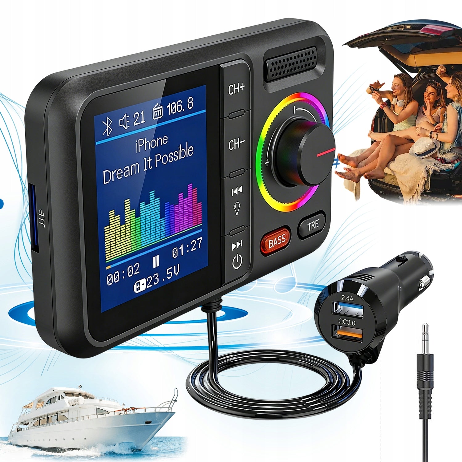 CAR MP3 PLAYER WITH LARGE BLUETOOTH FM DISPLAY 8 LED MODES