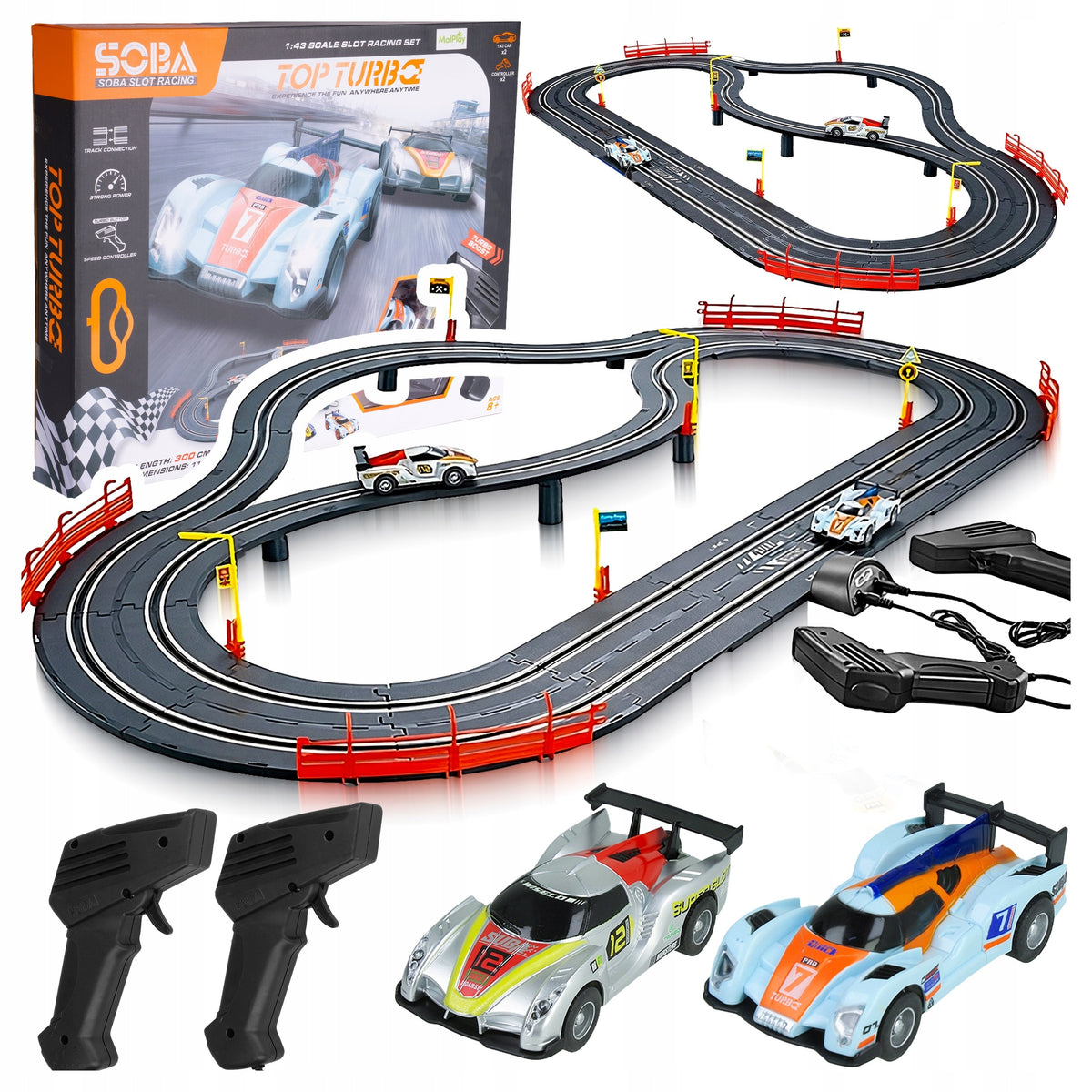 CAR RACING TRACK 300CM 2 CARS LED 2 CONTROLLERS USB POWER SUPPLY 1:43
