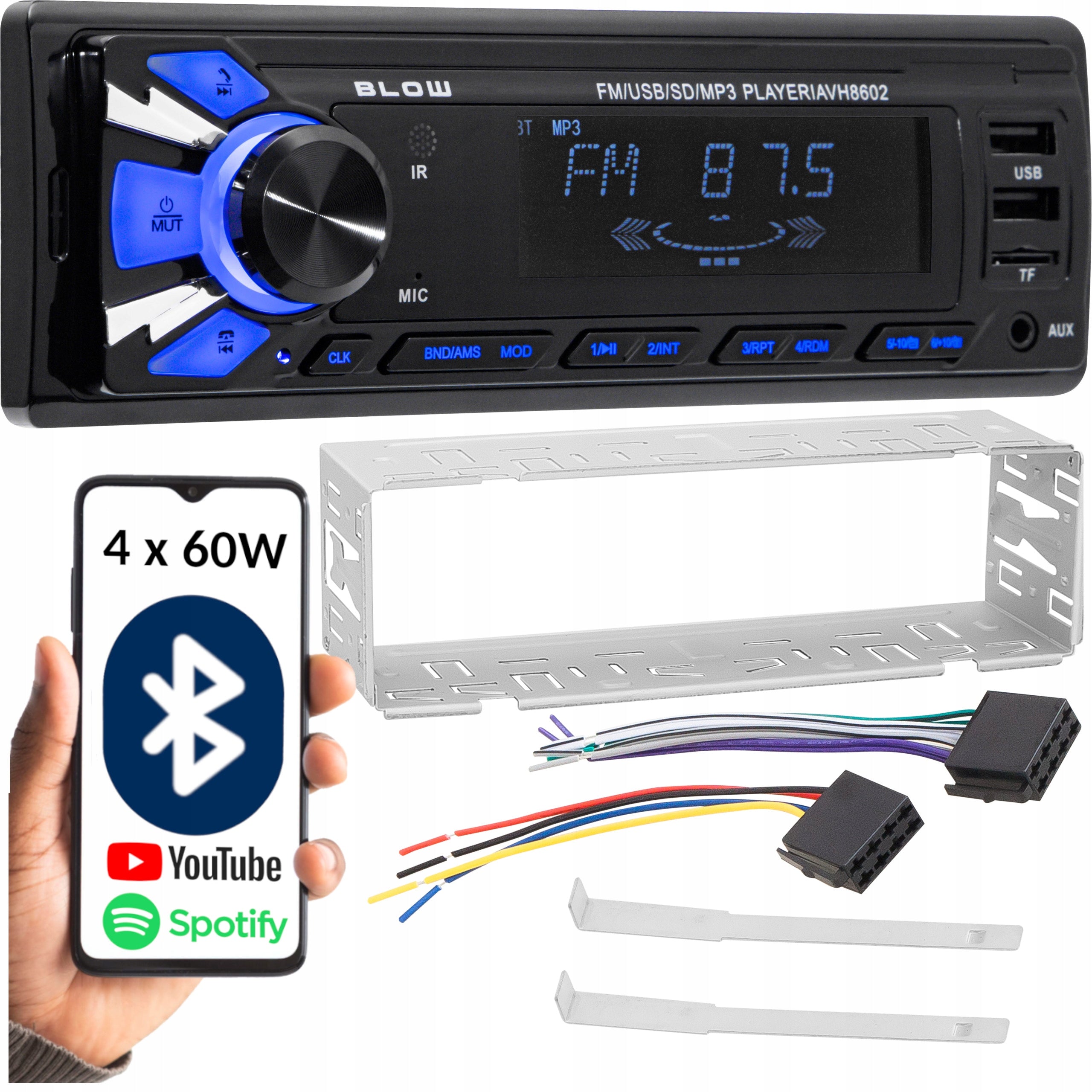 CAR RADIO 1-DIN BLUETOOTH 2x USB AUX SD MP3 REMOTE CONTROL BATTERY