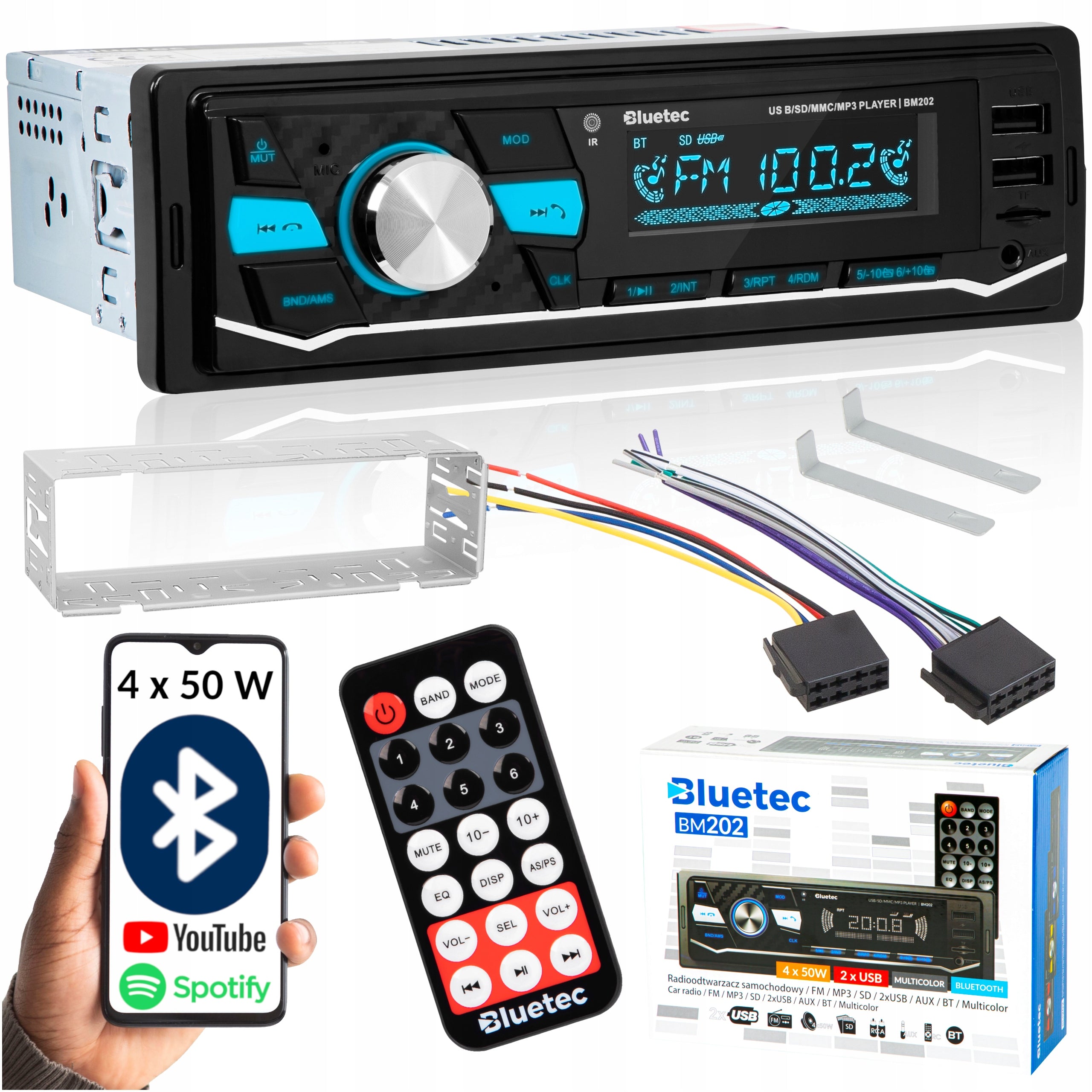 CAR RADIO 1-DIN BLUETOOTH 5.0 USB SD AUX MP3 MICROPHONE REMOTE CONTROL COLORS