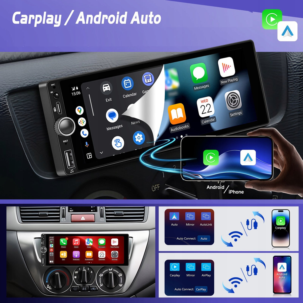 CAR RADIO 1 DIN USB ANDROID AUTO CARPLAY MIRROR LINK REVERSING CAMERA Manufacturer code Radio 1 DIN / CarPlay / Android Auto / Mic