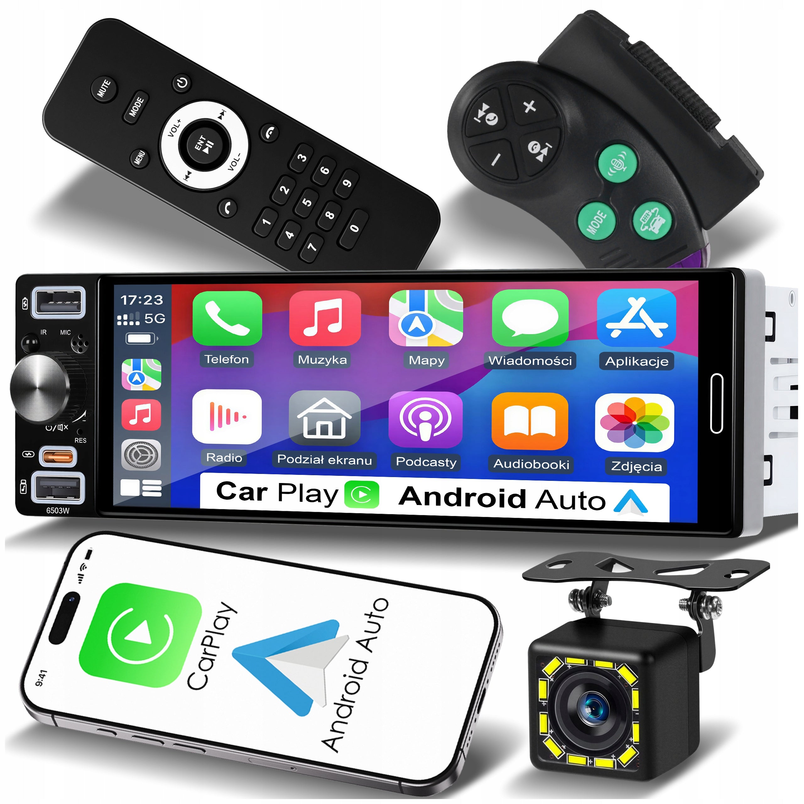 CAR RADIO 1 DIN USB ANDROID AUTO CARPLAY MIRROR LINK REVERSING CAMERA