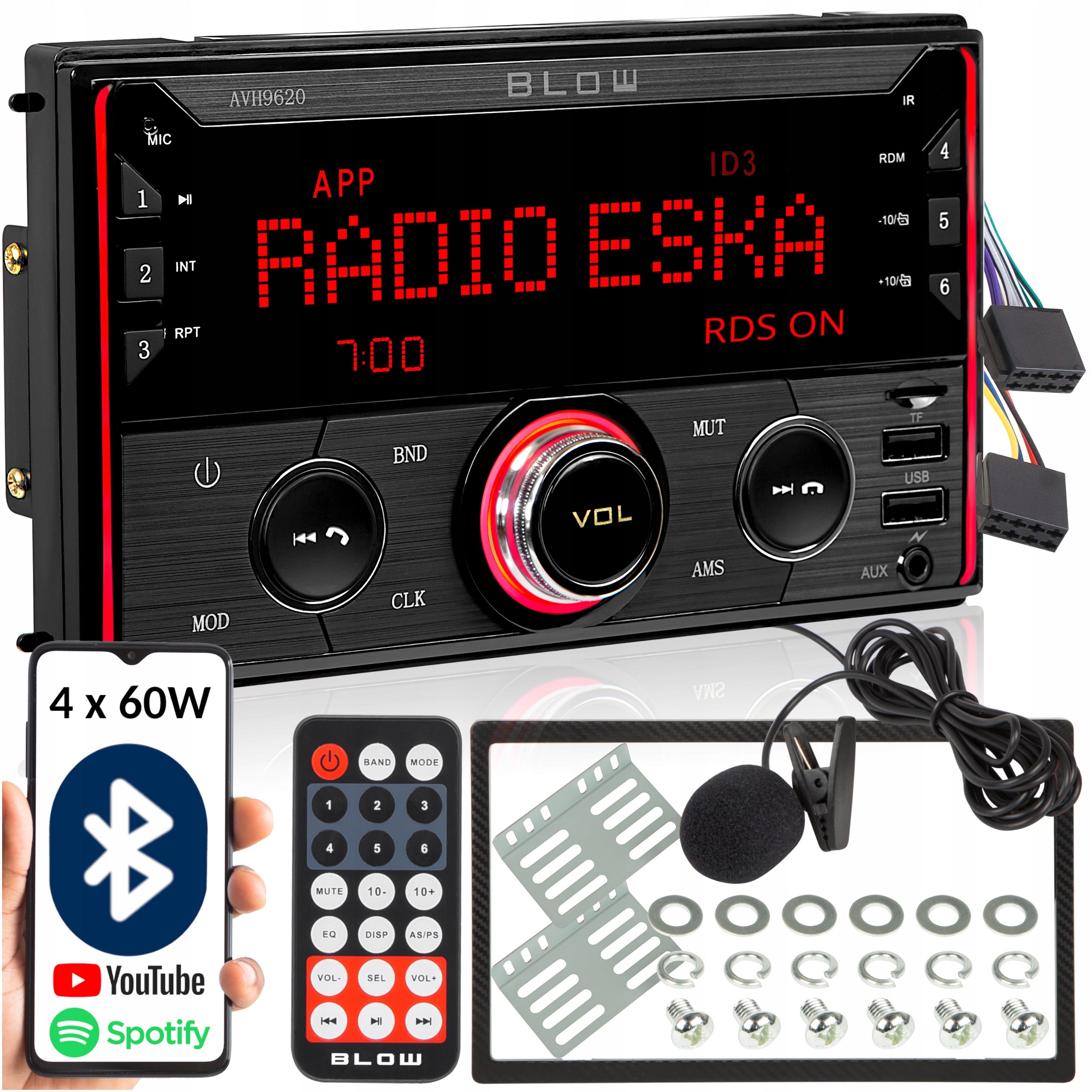 CAR RADIO 2-DIN BLUETOOTH USB SD RDS LCD RGB MICROPHONE REMOTE CONTROL KIT