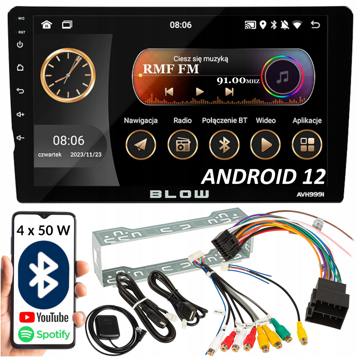 CAR RADIO ANDROID 12 BLUETOOTH 1 DIN 9 INCHES USB AUX GPS CARPLAY