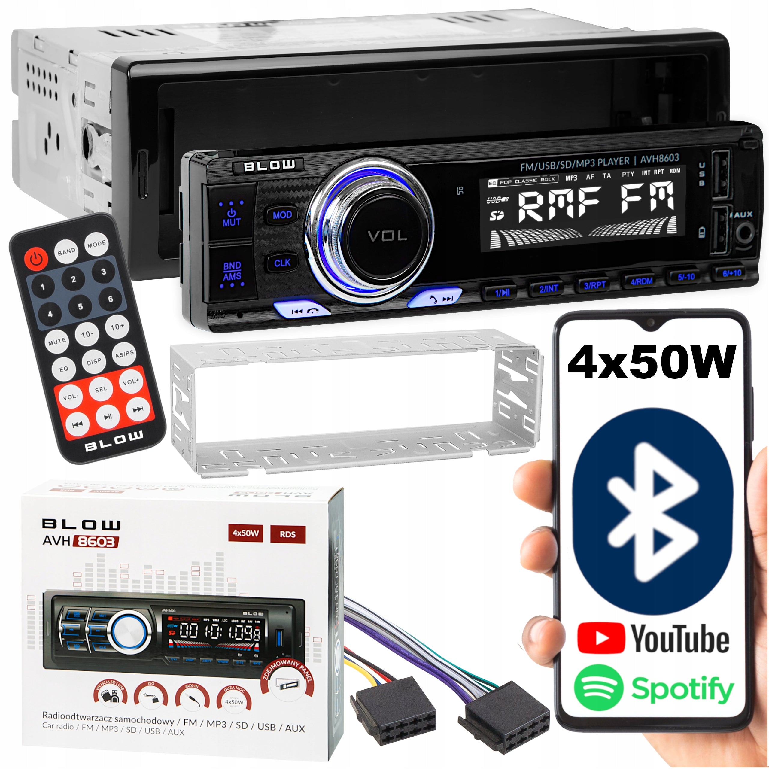 CAR RADIO BLUETOOTH 1-DIN RDS USB AUX SD REMOTE CONTROL DETACHABLE PANEL