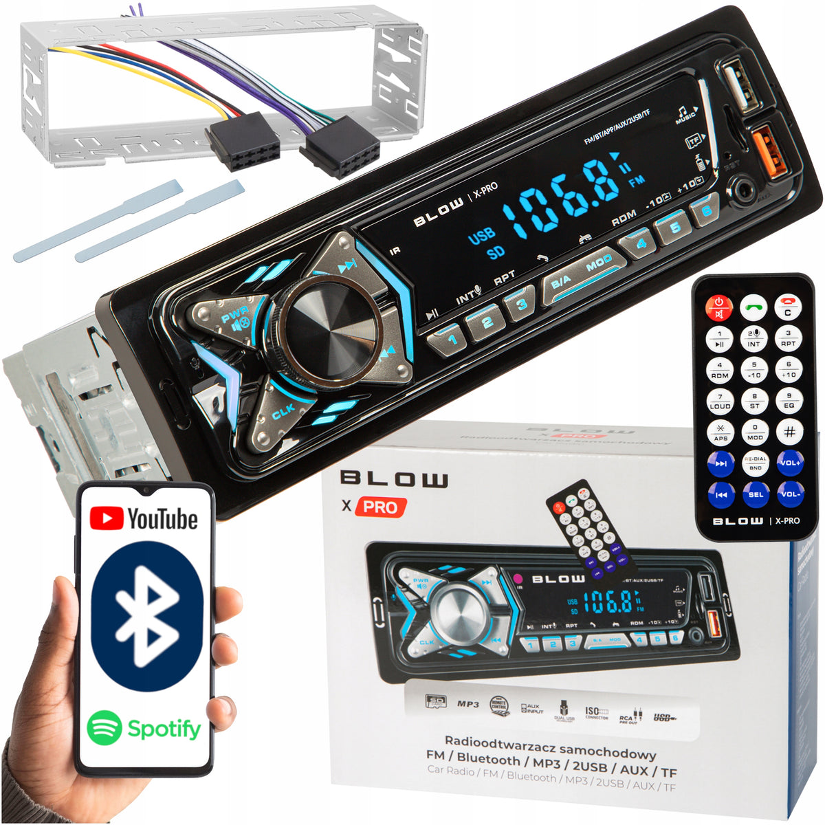 CAR RADIO BLUETOOTH 1-DIN USB AUX SD MICROPHONE REMOTE CONTROL BATTERY SET