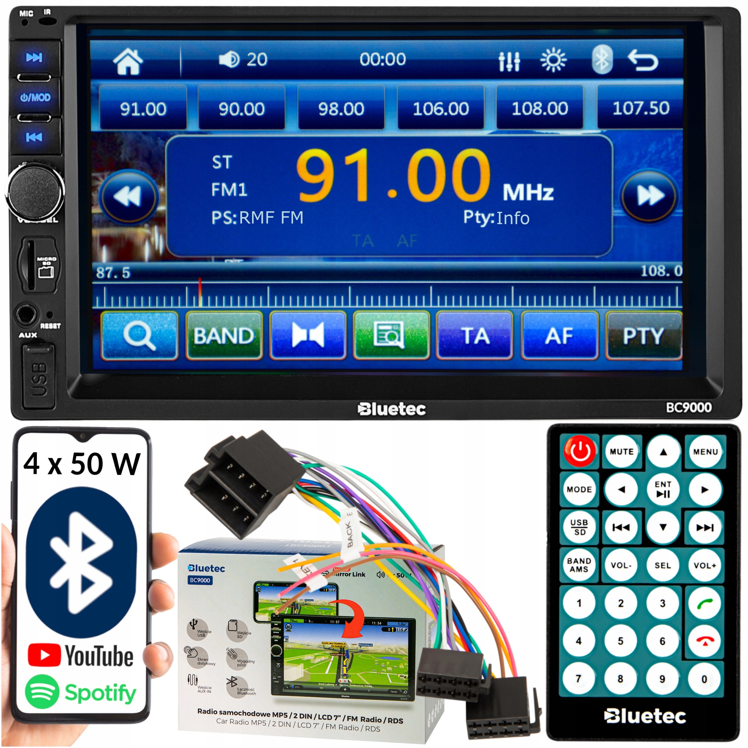 CAR RADIO BLUETOOTH 2 DIN 7 INCH RDS USB AUX MICRO SD 4x50W REMOTE CONTROL
