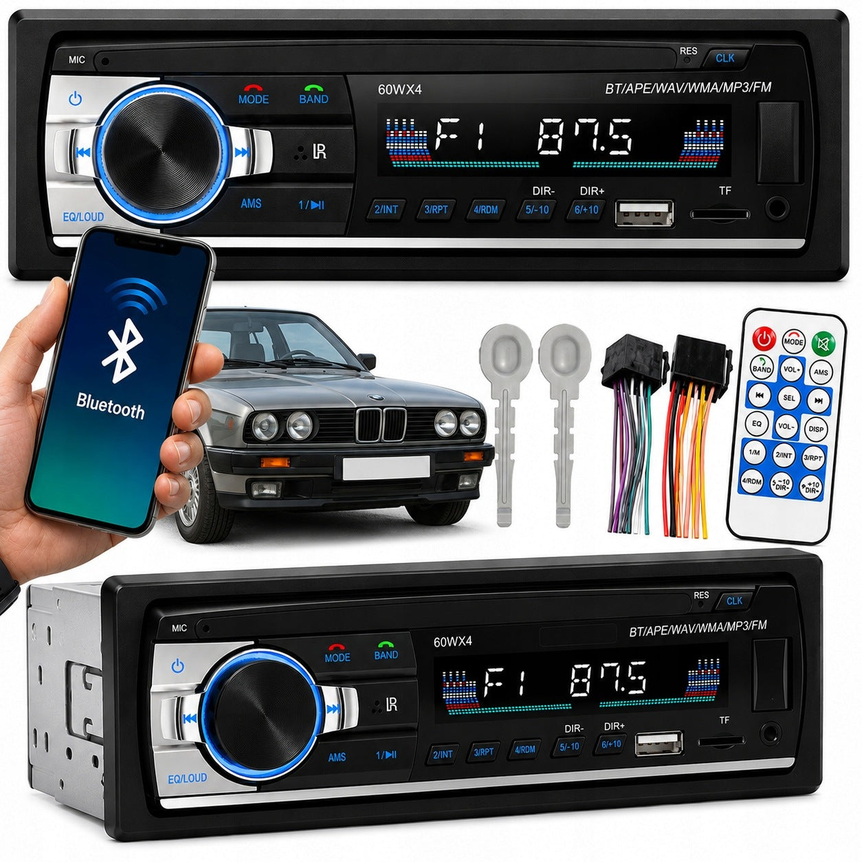 CAR RADIO BLUETOOTH USB SD MP3 AUX 1DIN SET + REMOTE CONTROL Packaging status original