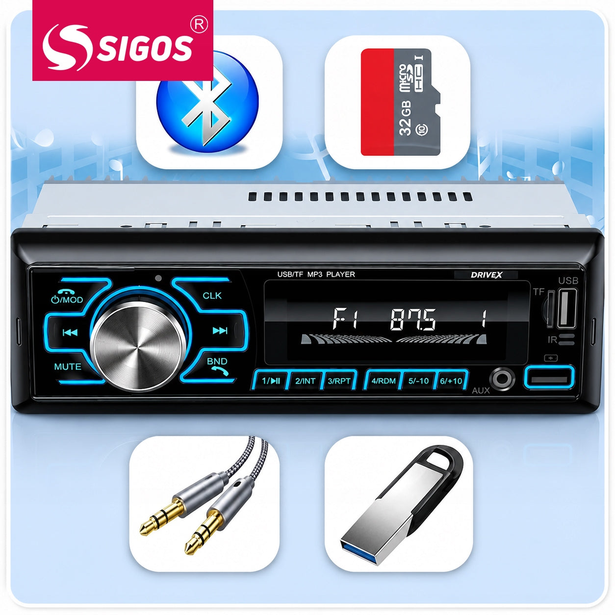 CAR RADIO USB AUX SD BLUETOOTH 1-DIN SET MICROPHONE REMOTE CONTROL BATTERY Packaging status original
