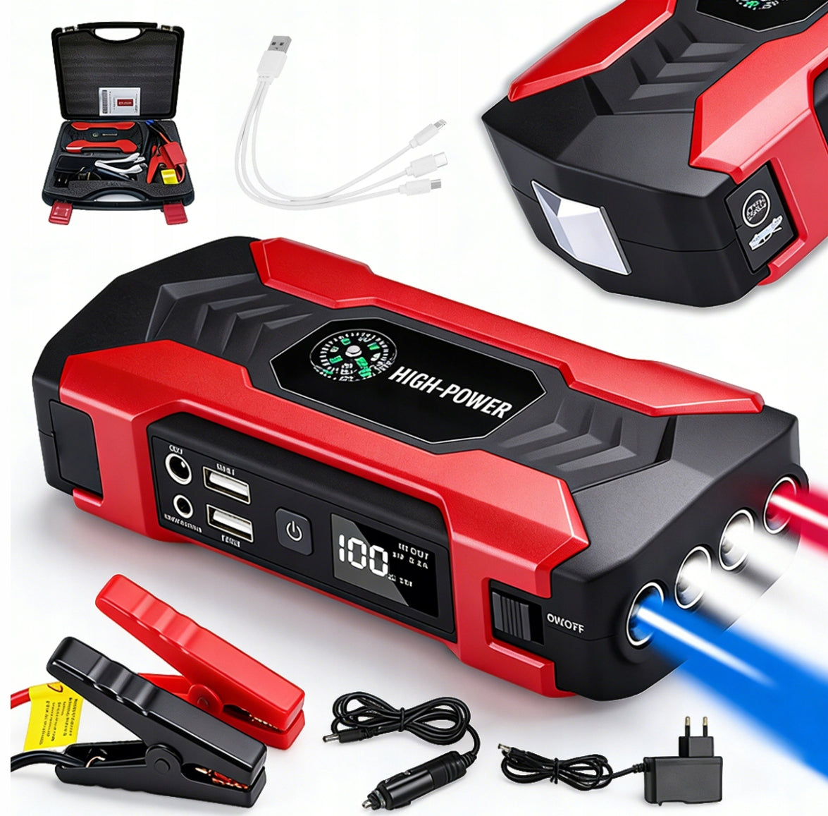 CAR STARTER 28000MAH POWERBANK+BATTERY CLIP WITH 3IN1 USB CABLE