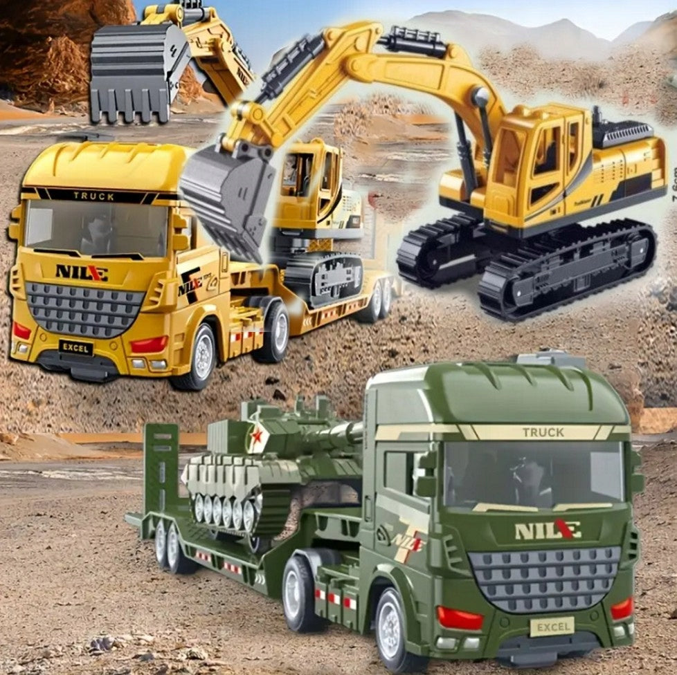 CAR TIR TOW TRUCK WITH EXCAVATOR TRUCK TANK 4 VEHICLES Packaging status original