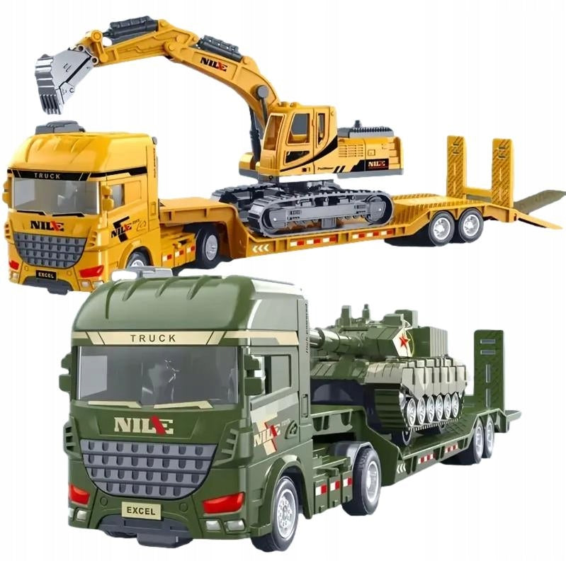 CAR TIR TOW TRUCK WITH EXCAVATOR TRUCK TANK 4 VEHICLES