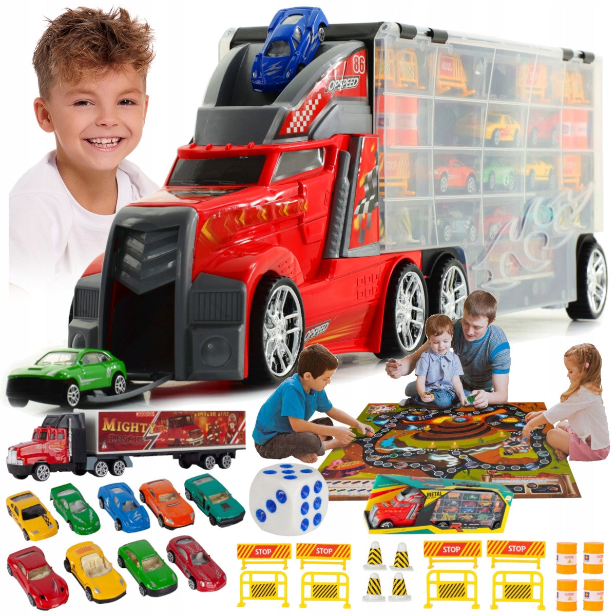 CAR TRUCK TIR 63CM TOW TRUCK RESORAKI LAUNCHER CARS + BOARD GAME